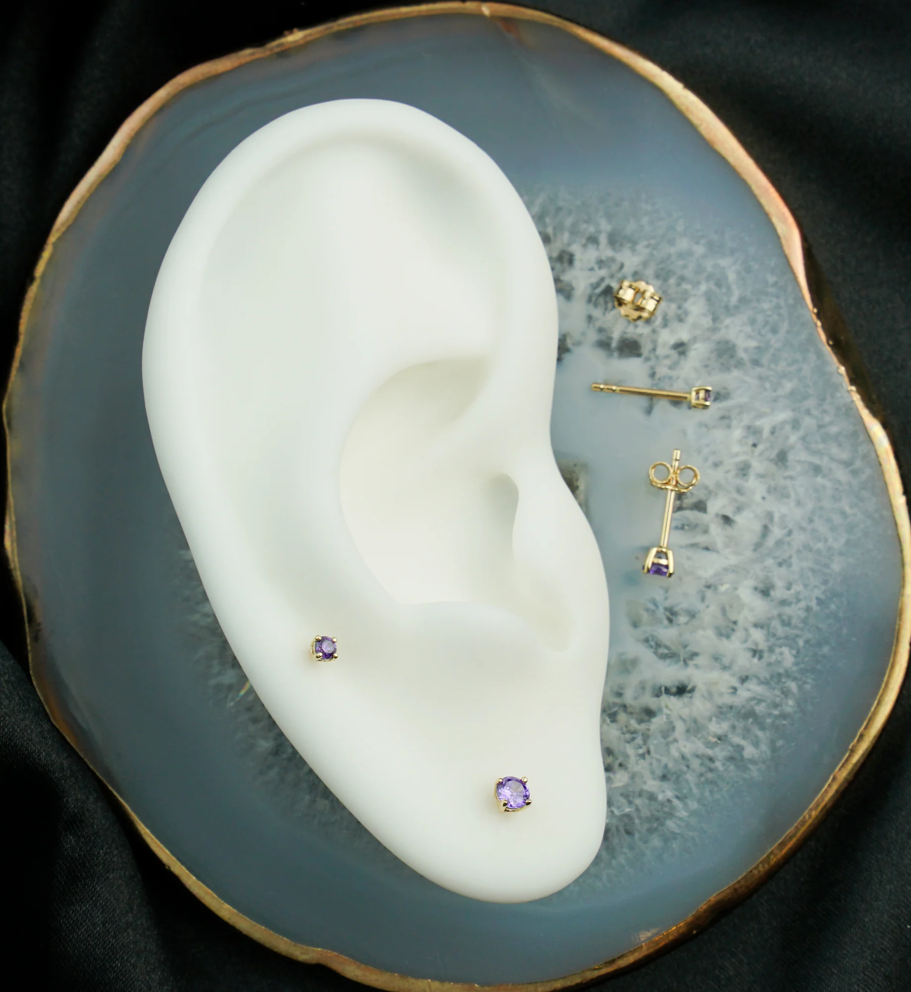 14kt Gold February Birthstone Amethyst CZ Stud Earrings - Image 2