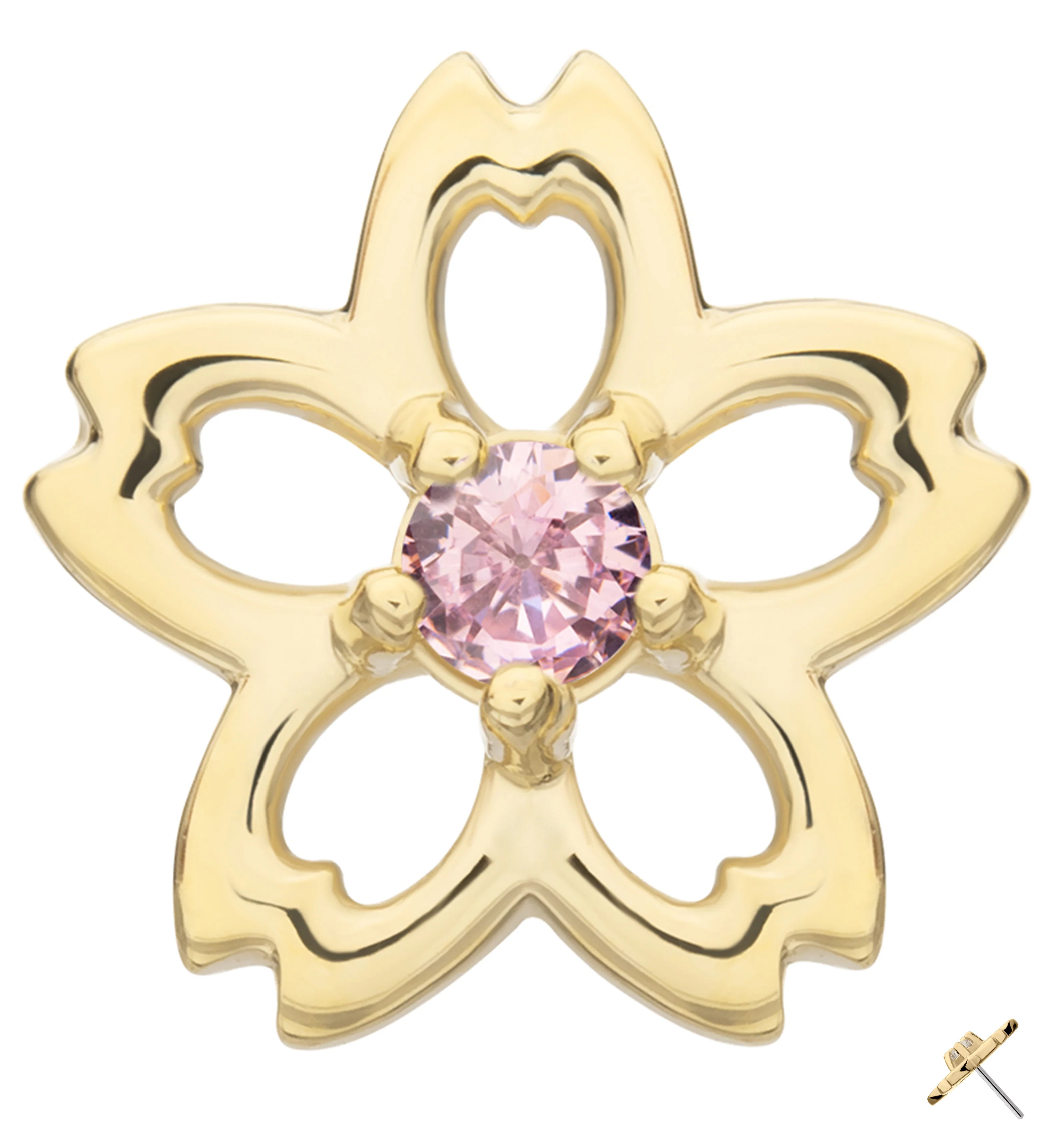 14kt Gold Floral Cutout Blossom Pink CZ Threadless Top