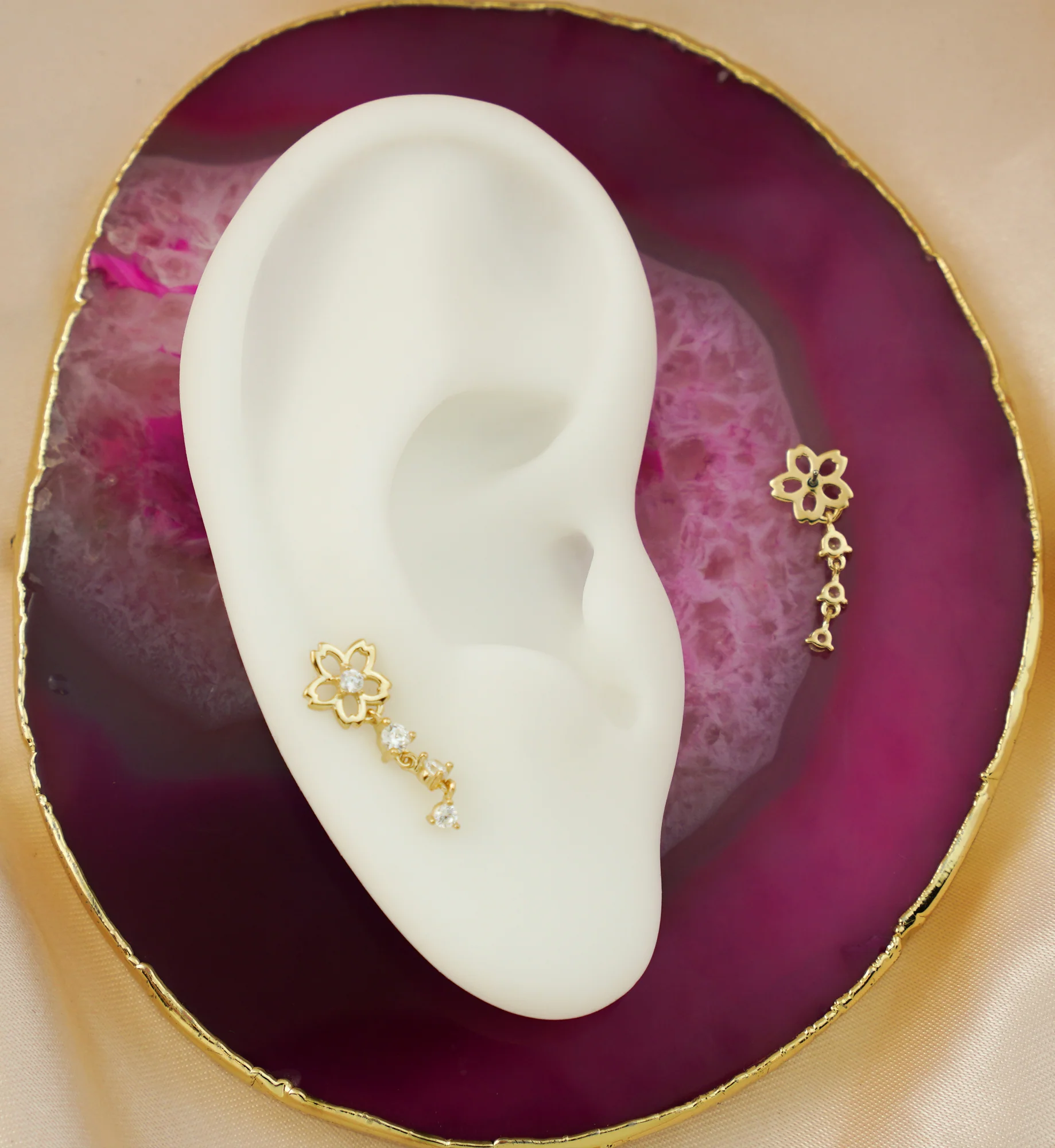 14kt Gold Floral Cutout Blossom Triple Clear CZ Dangle Threadless Top - Image 2