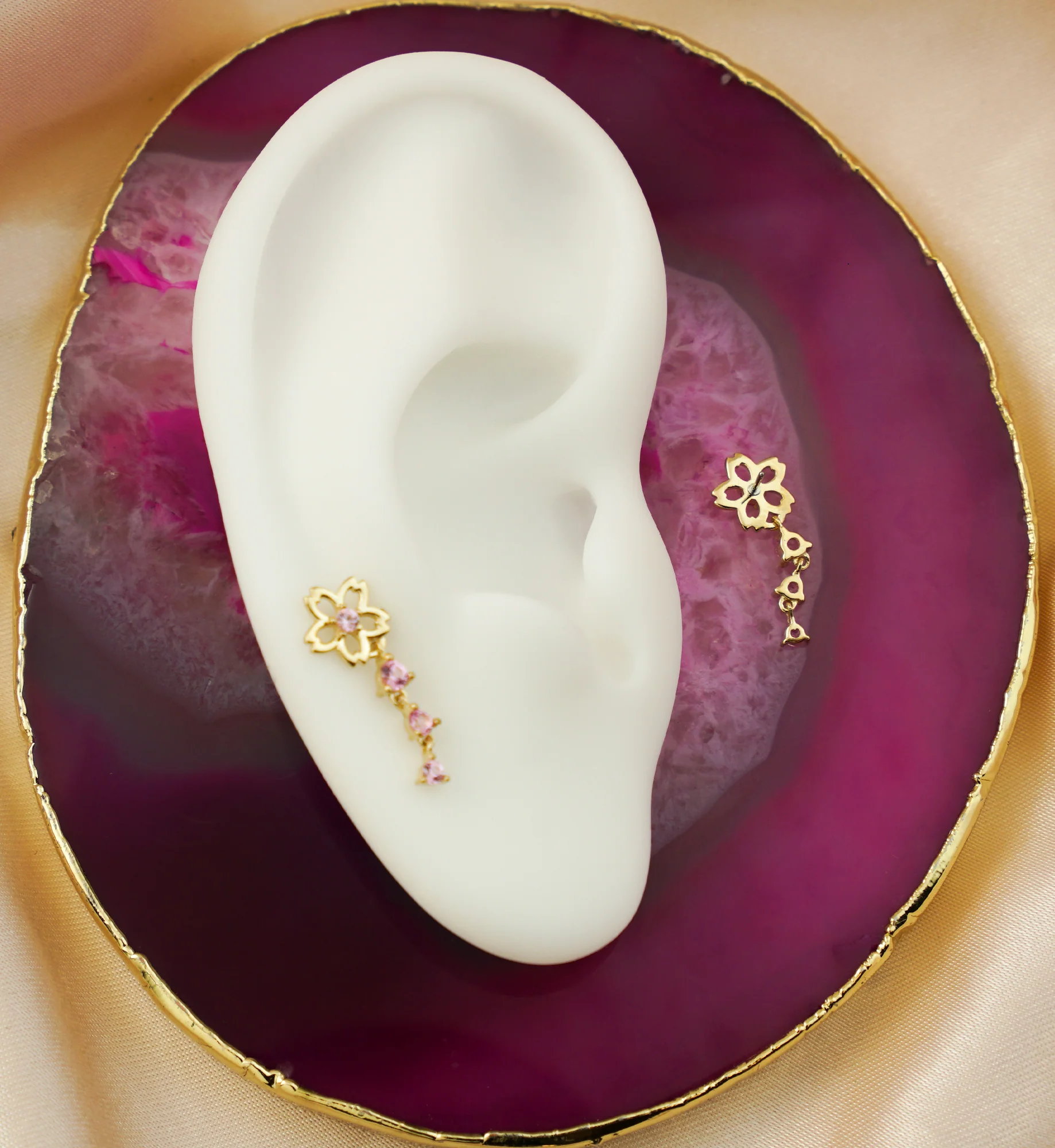 14kt Gold Floral Cutout Blossom Triple Pink CZ Dangle Threadless Top - Image 2