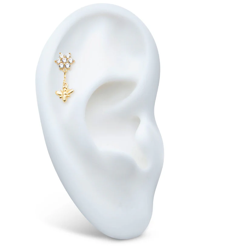 14kt Gold Flower CZ Dangle Bee Threadless Top - Image 3