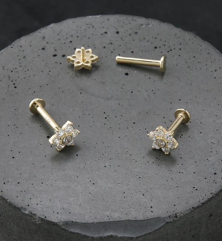 14kt Gold Flower CZ Internally Threaded Labret - Image 2