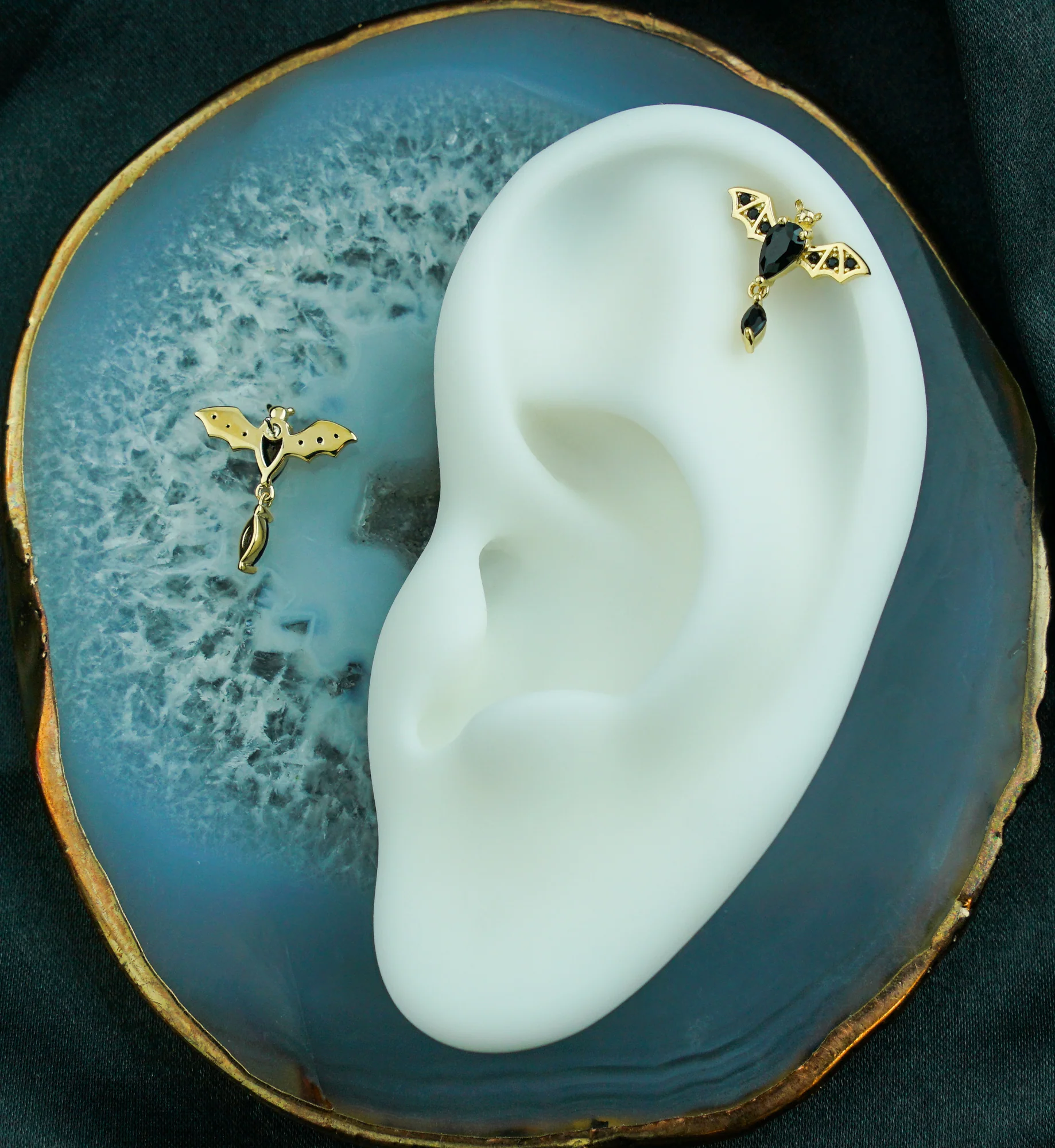 14kt Gold Flying Bat Black CZ Threadless Top - Image 2