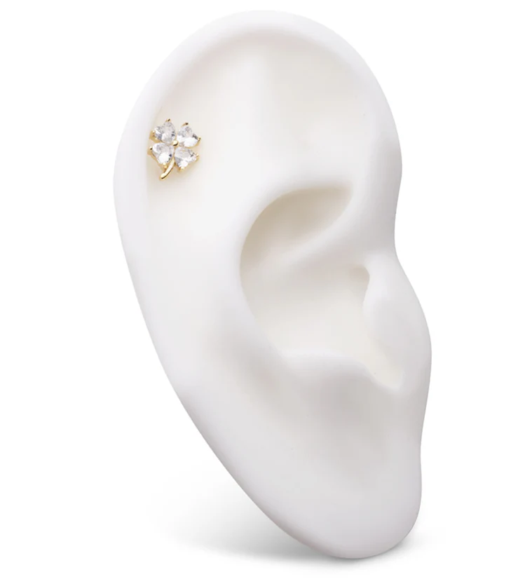 14kt Gold Four Leaf Clover Clear CZ Threadless Top - Image 3
