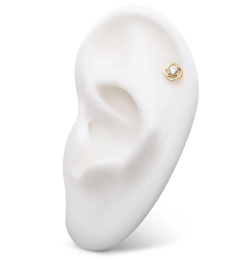 14kt Gold Four Rings Celtic Knot Clear CZ Threadless Top - Image 3