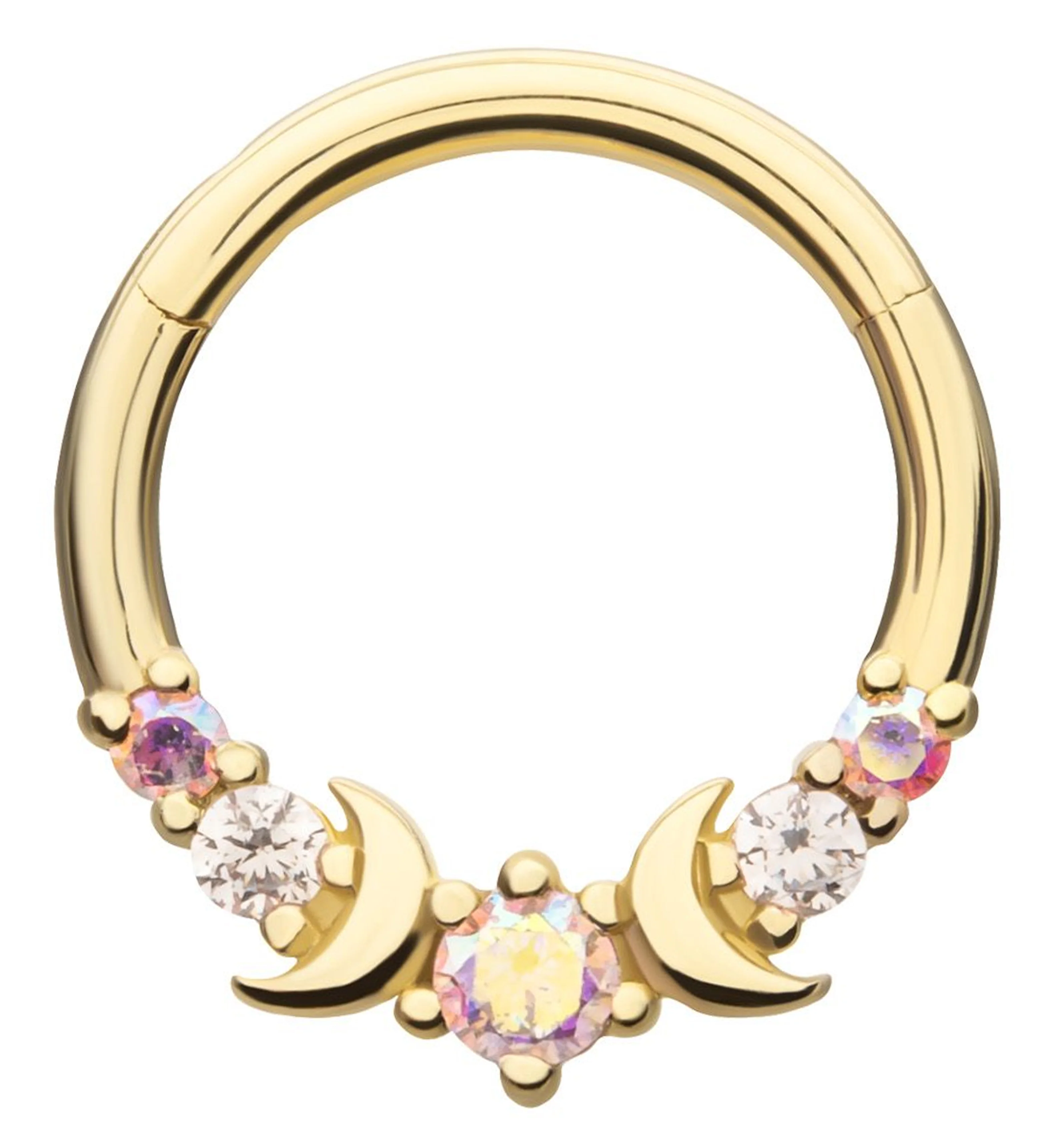 14kt Gold Half Moon Accent Rainbow Aurora CZ Hinged Segment Ring