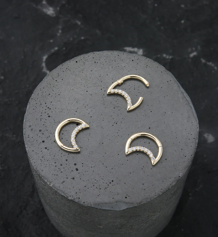 14kt Gold Crescent Moon Clear CZ Hinged Segment Ring - Image 2
