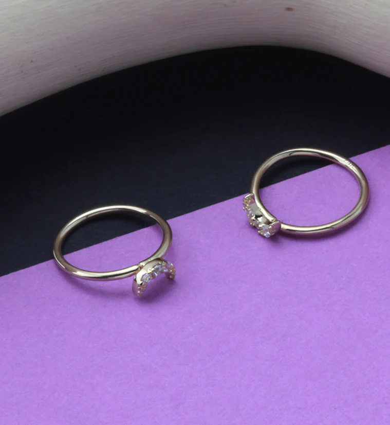 14kt Gold Half Moon Clear CZ Hoop Ring - Image 3