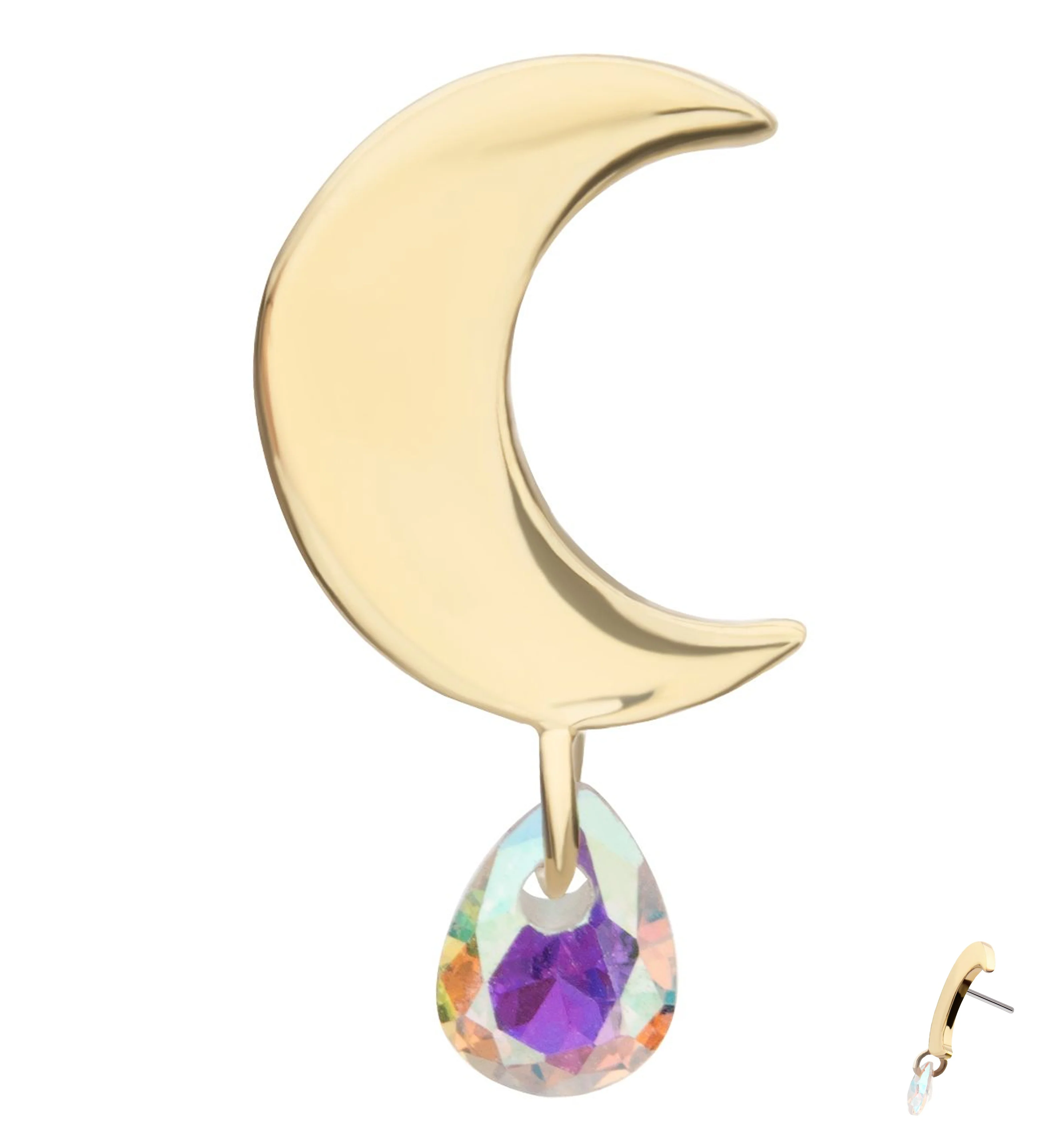 14kt Gold Half Moon Rainbow Aurora Teardrop CZ Dangle Threadless Top