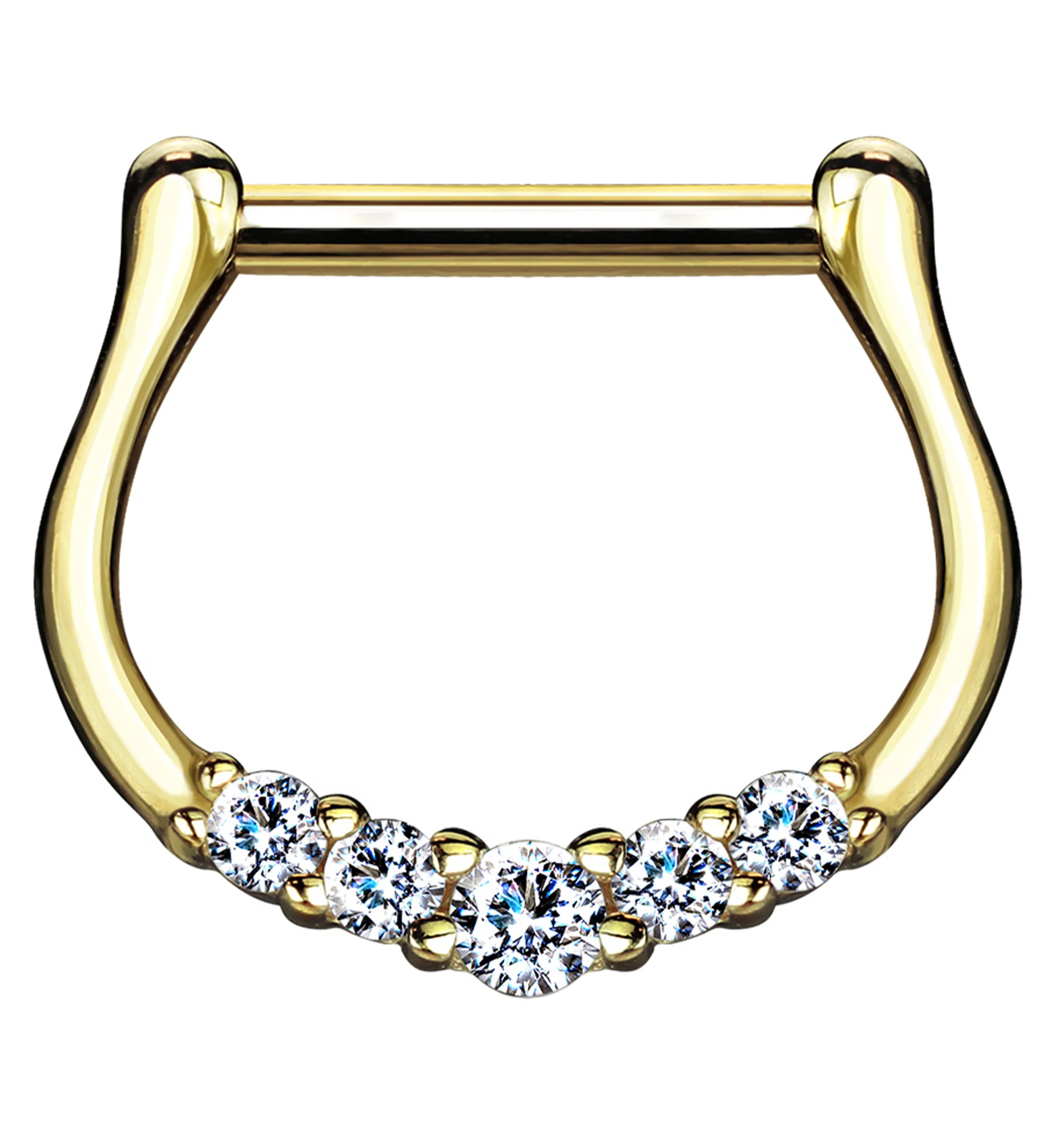 14kt Gold Horseshoe Five Clear CZ Hinged Segment Ring