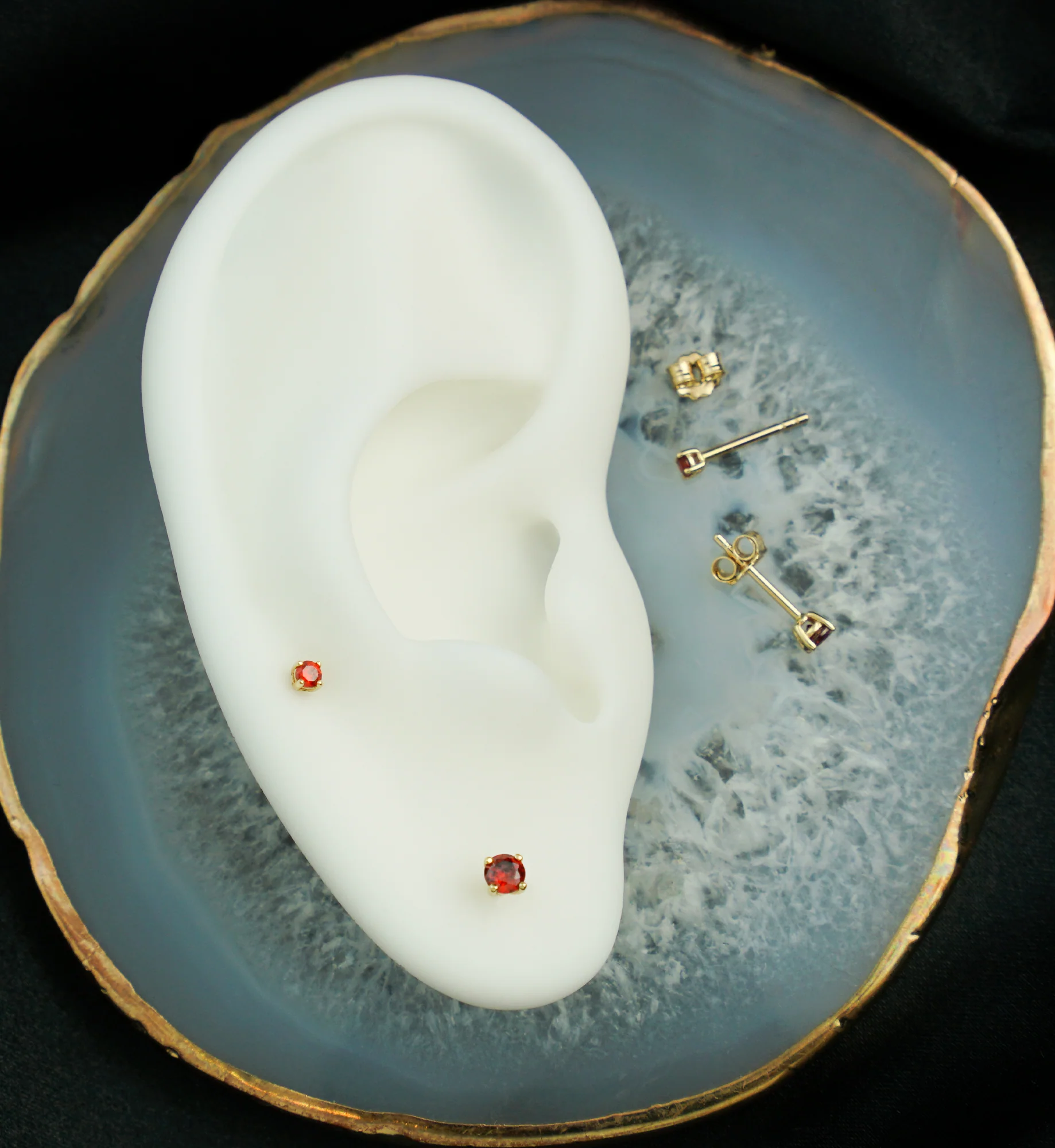 14kt Gold January Birthstone Garnet CZ Stud Earrings - Image 2