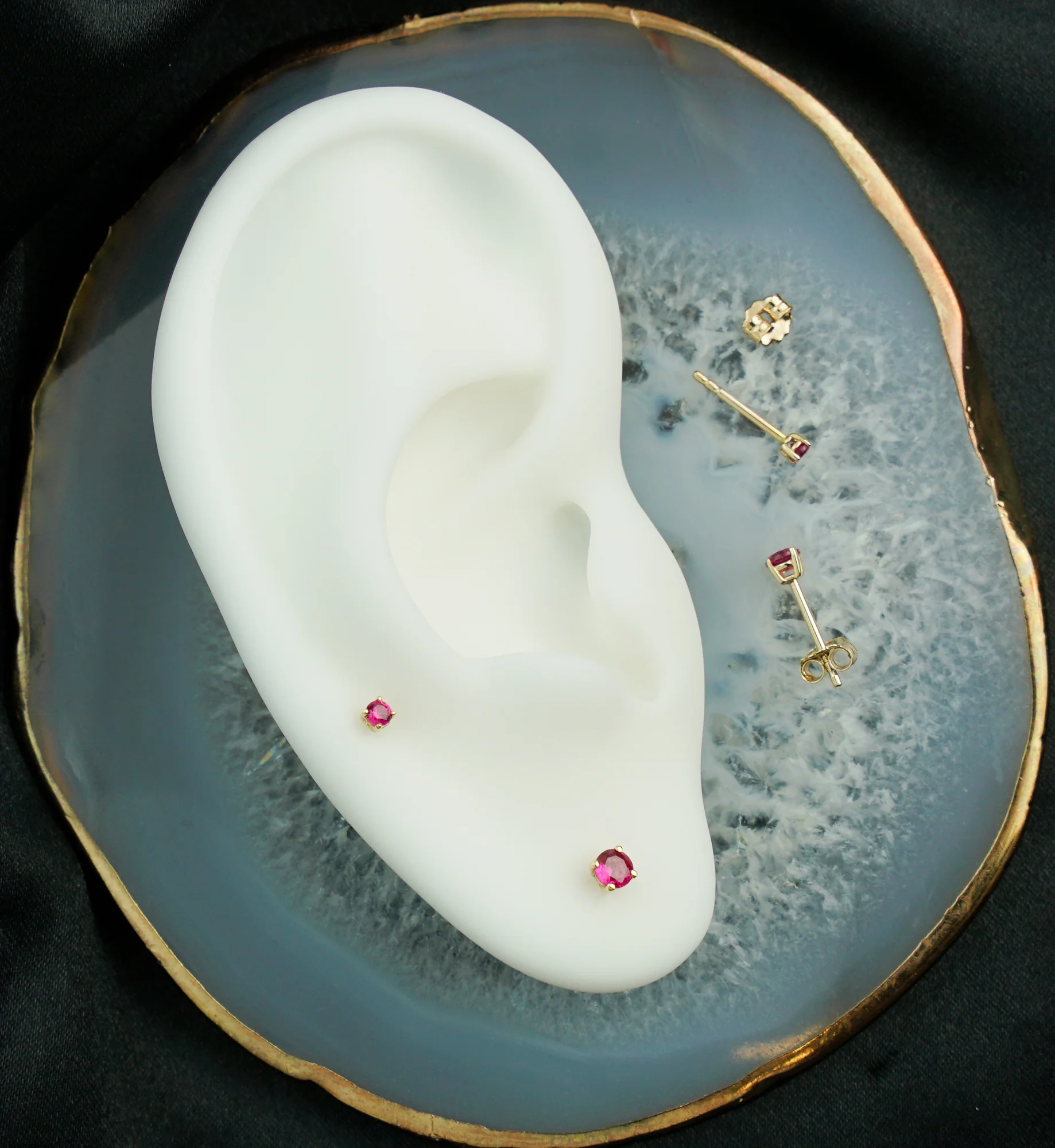 14kt Gold July Birthstone Ruby Corundum CZ Stud Earrings - Image 2