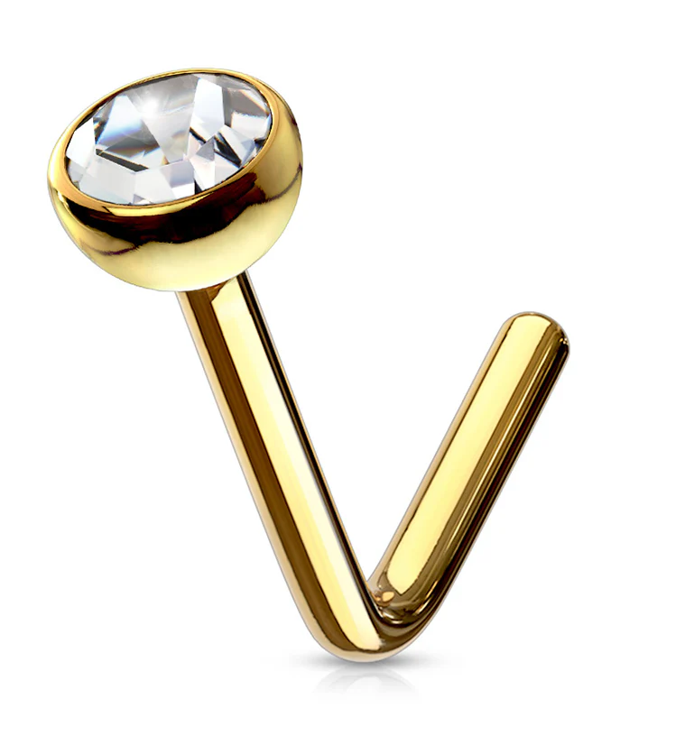14kt Gold L Bend CZ Bezel Nose Ring