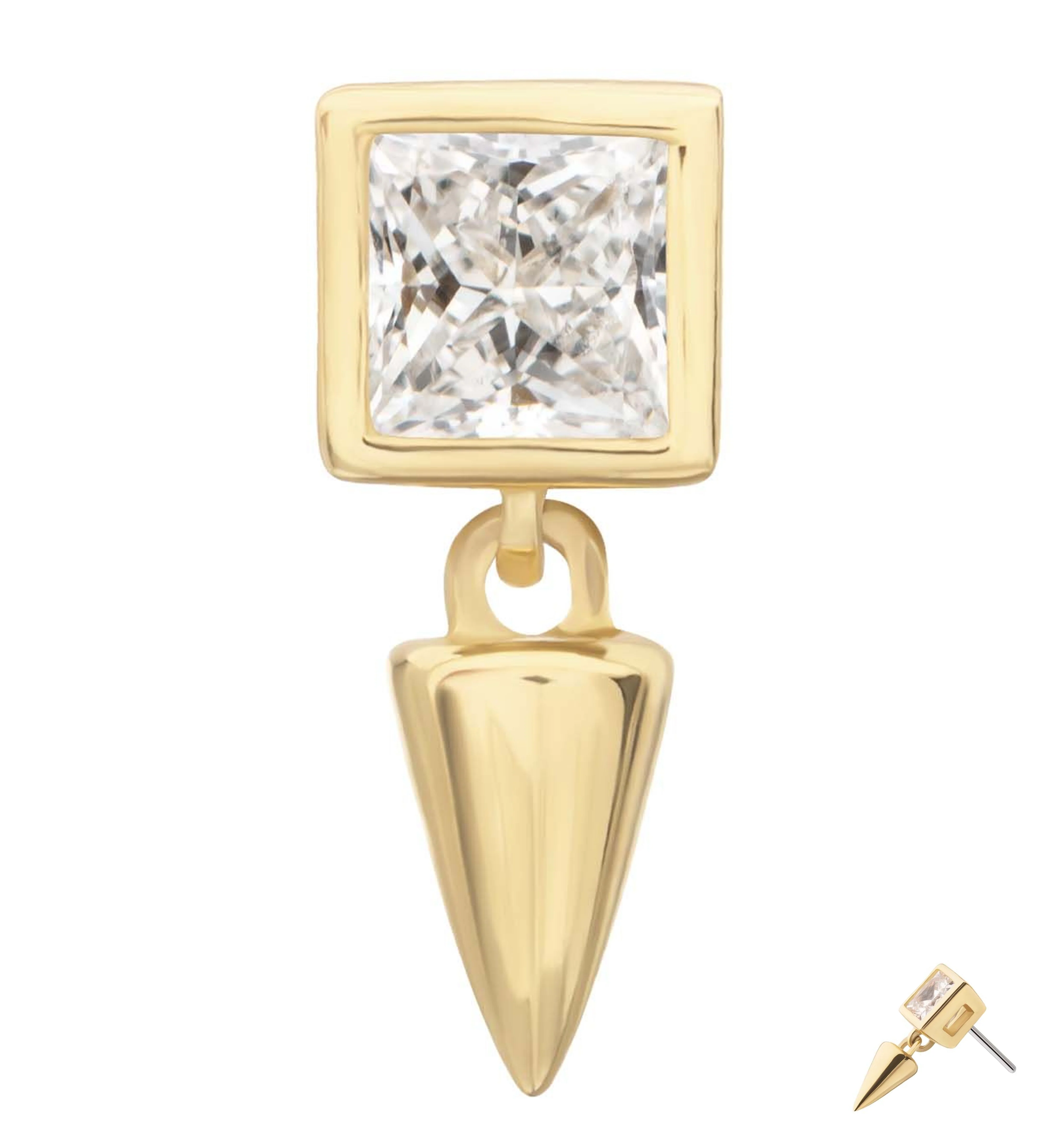 14kt Gold Dangle Cone Lab Grown Square Diamond Threadless Top
