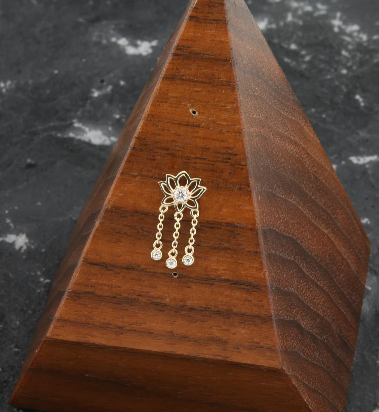 14kt Gold Lotus Flower Clear CZ Dangle Chains Threadless Top - Image 2