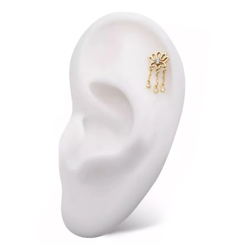 14kt Gold Lotus Flower Clear CZ Dangle Chains Threadless Top - Image 3