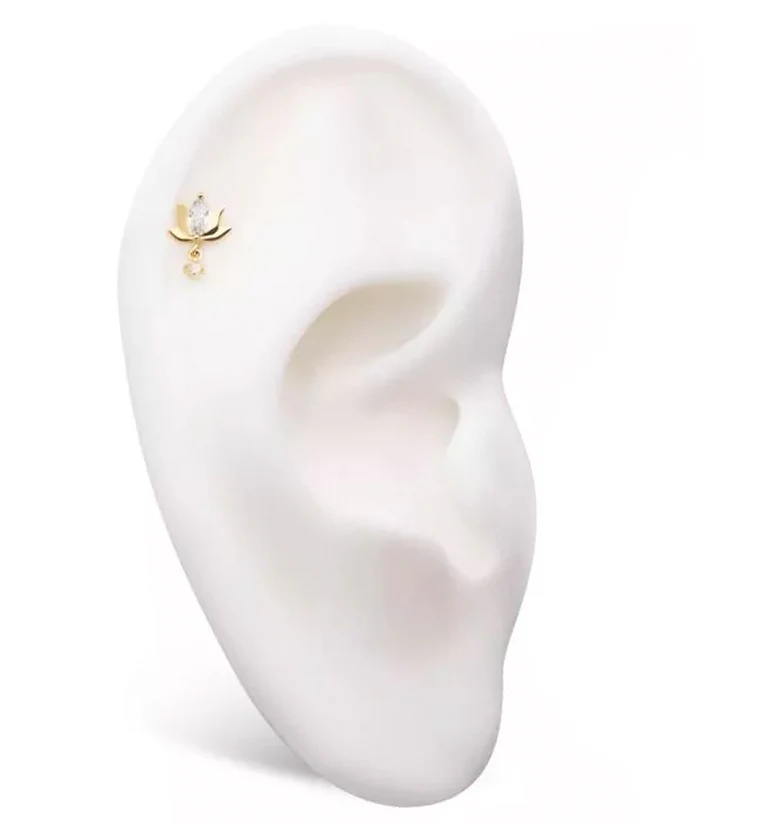 14kt Gold Lotus Flower Dangle CZ Threadless Top - Image 3