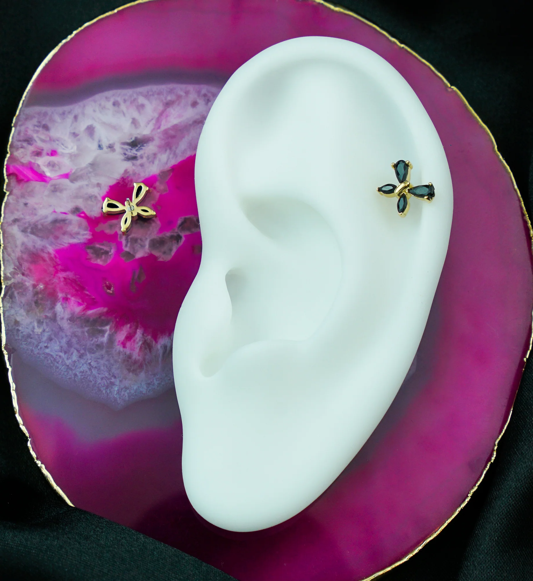 14kt Gold Marquise Butterfly Black CZ Threadless Top - Image 2