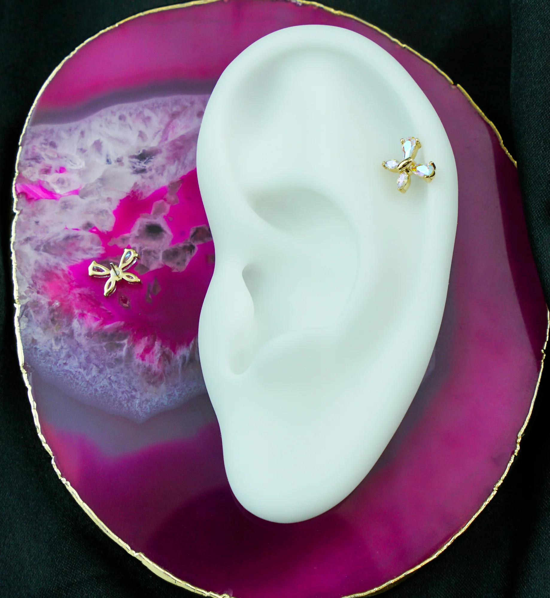 14kt Gold Marquise Butterfly Rainbow Aurora CZ Threadless Top - Image 2