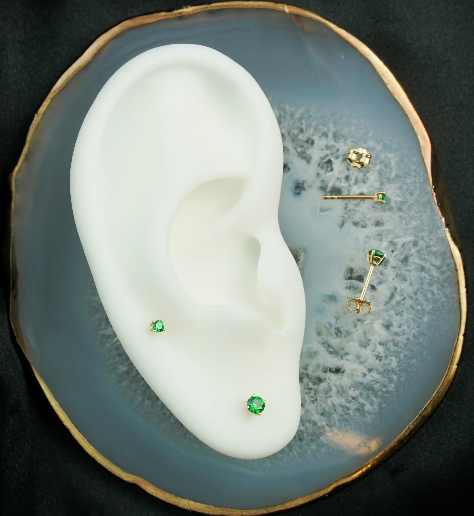 14kt Gold May Birthstone Emerald CZ Stud Earrings - Image 2