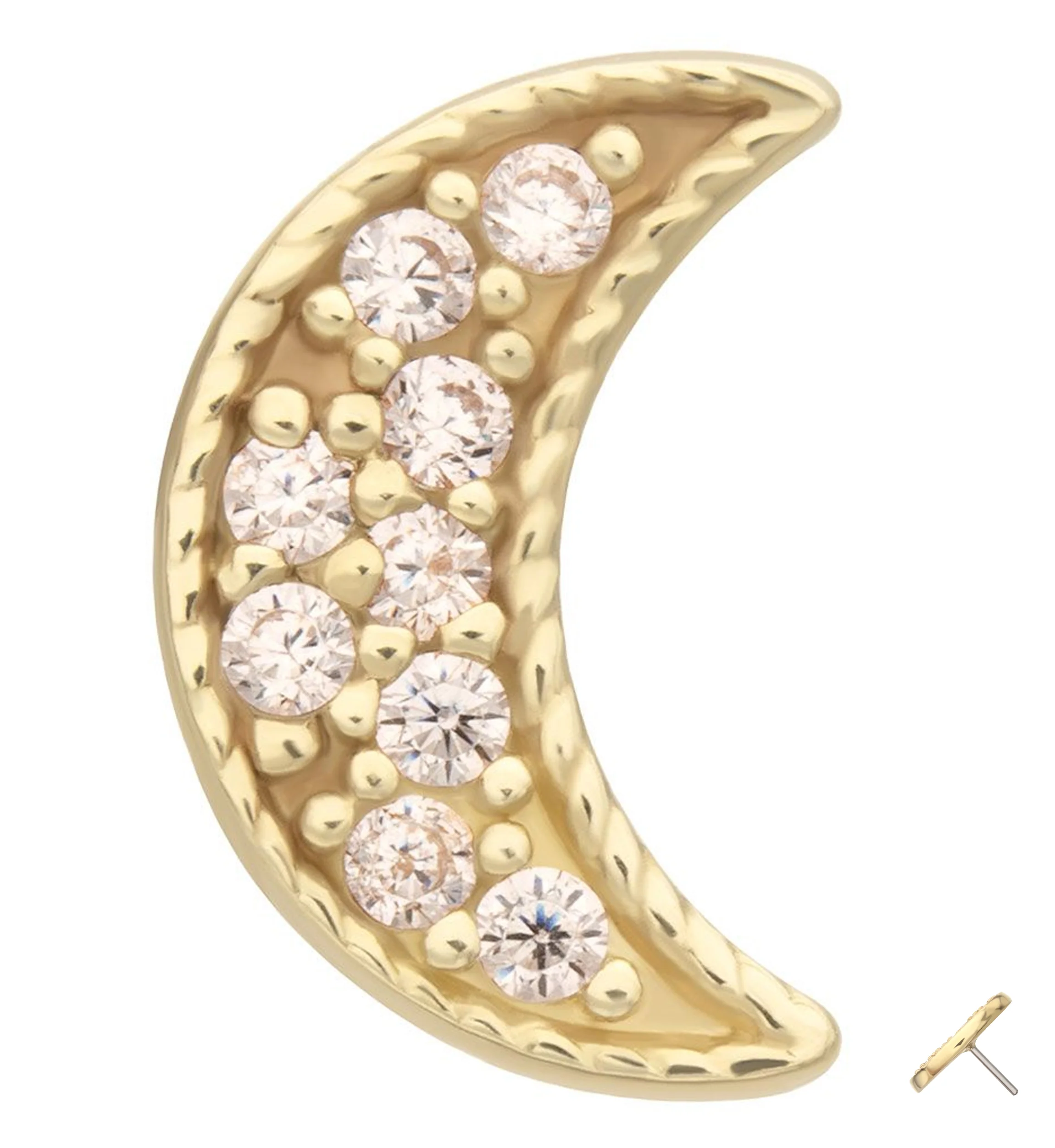 14kt Gold Milgrain Bead Crescent Moon Clear CZ Threadless Top