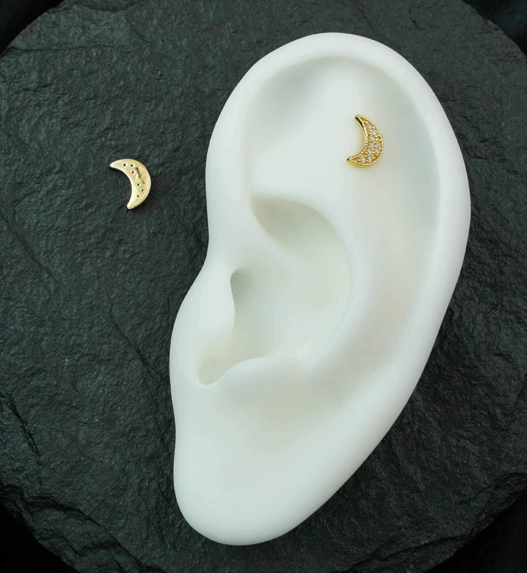 14kt Gold Milgrain Bead Crescent Moon Clear CZ Threadless Top - Image 2