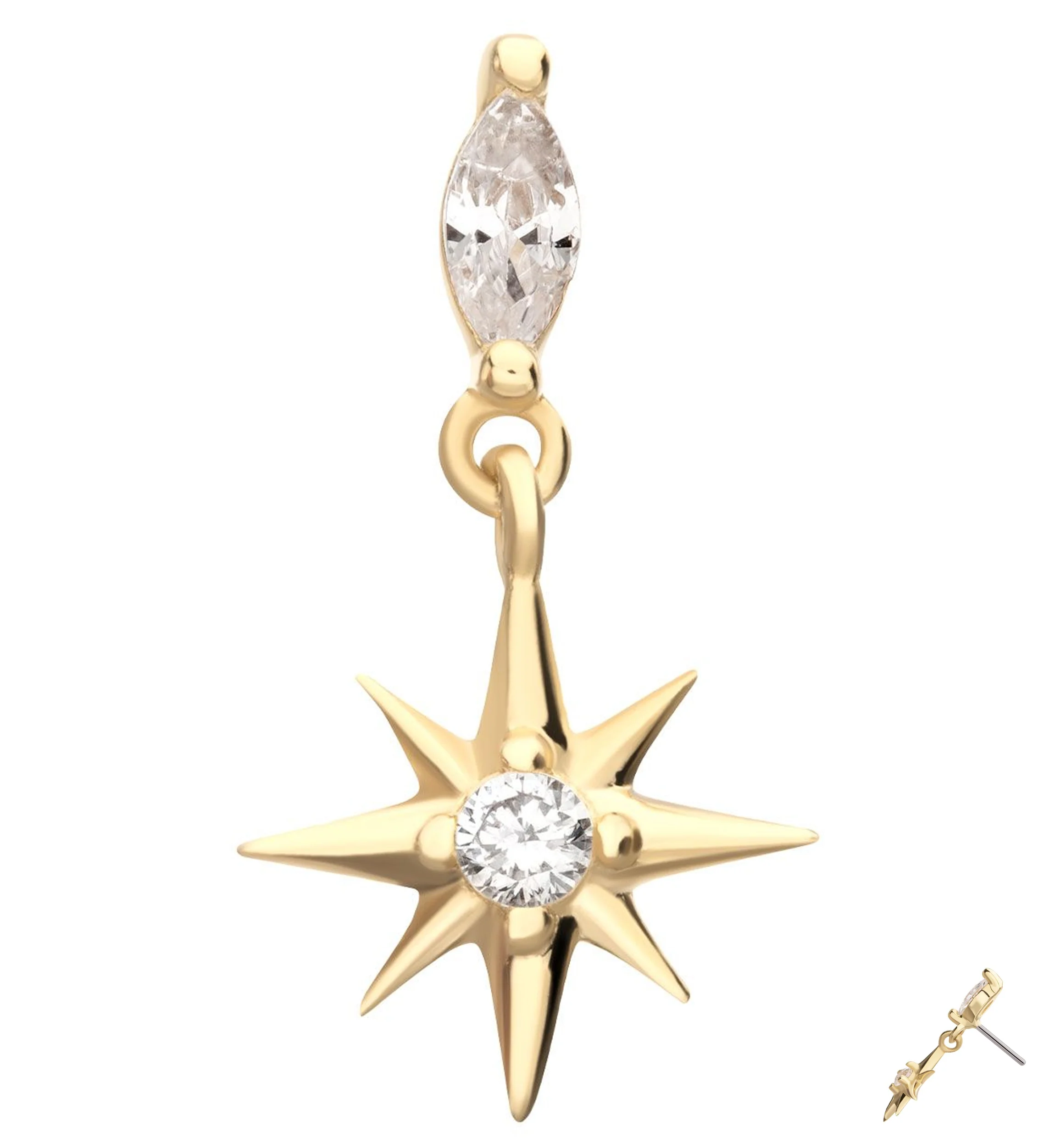 14kt Gold North Star Dangle Clear CZ Threadless Top