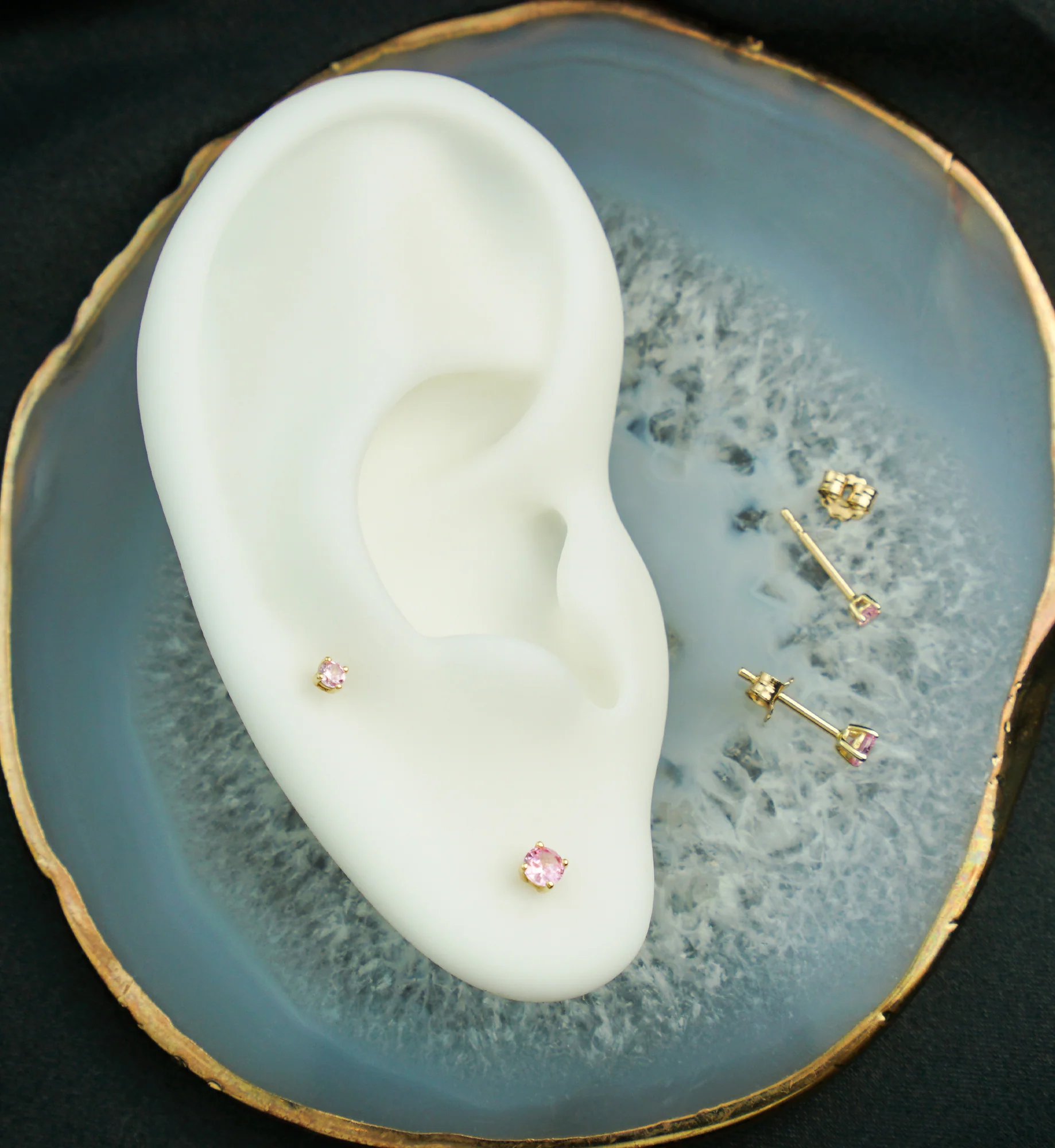 14kt Gold October Birthstone Pink CZ Stud Earrings - Image 2
