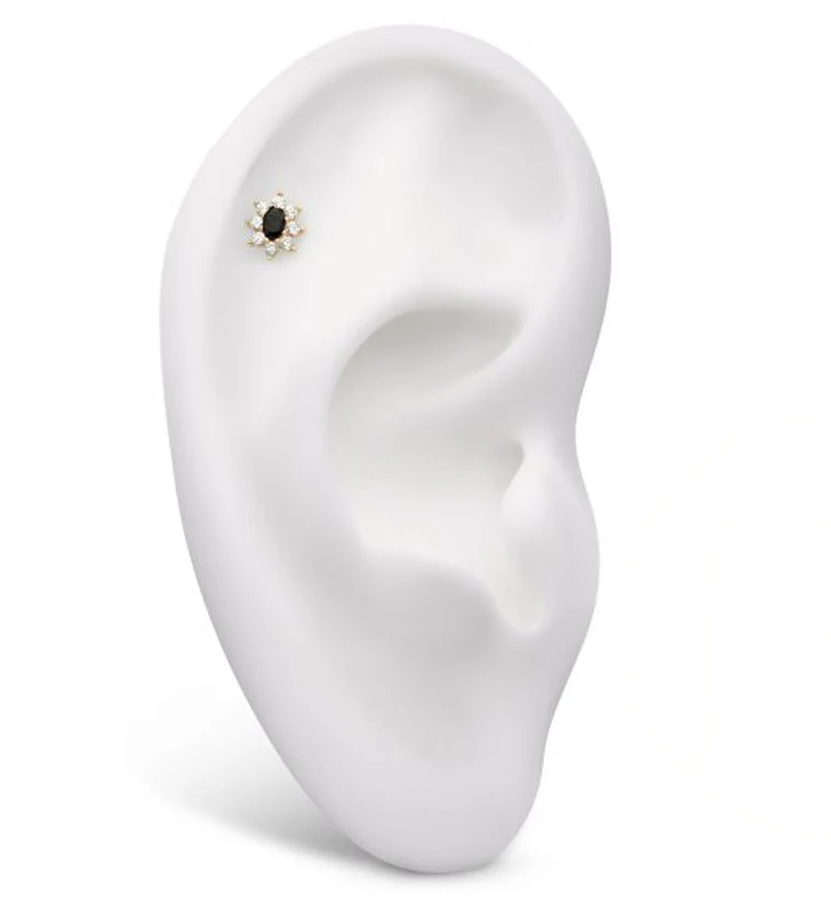 14kt Gold Oval Flower Black CZ Threadless Top - Image 3
