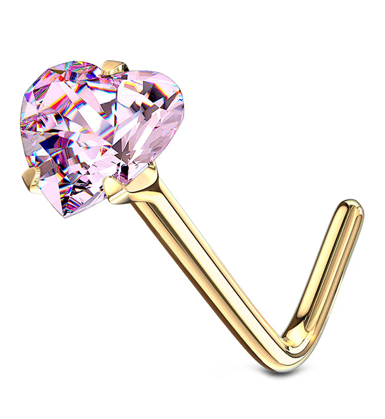 14kt Gold Pink Heart CZ L Bend Nose Ring