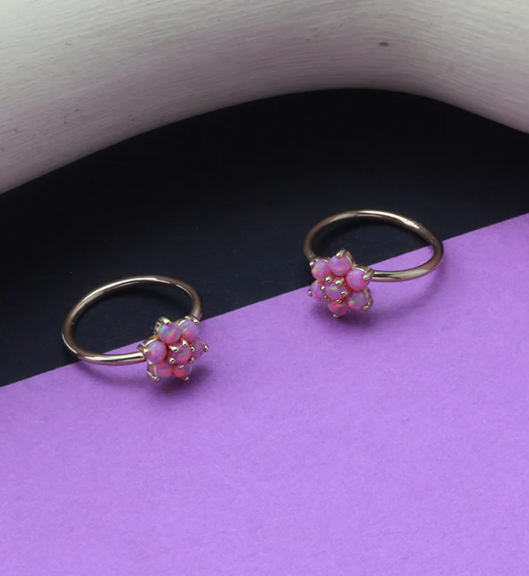 14kt Gold Pink Opalite Flower Hoop Ring - Image 2