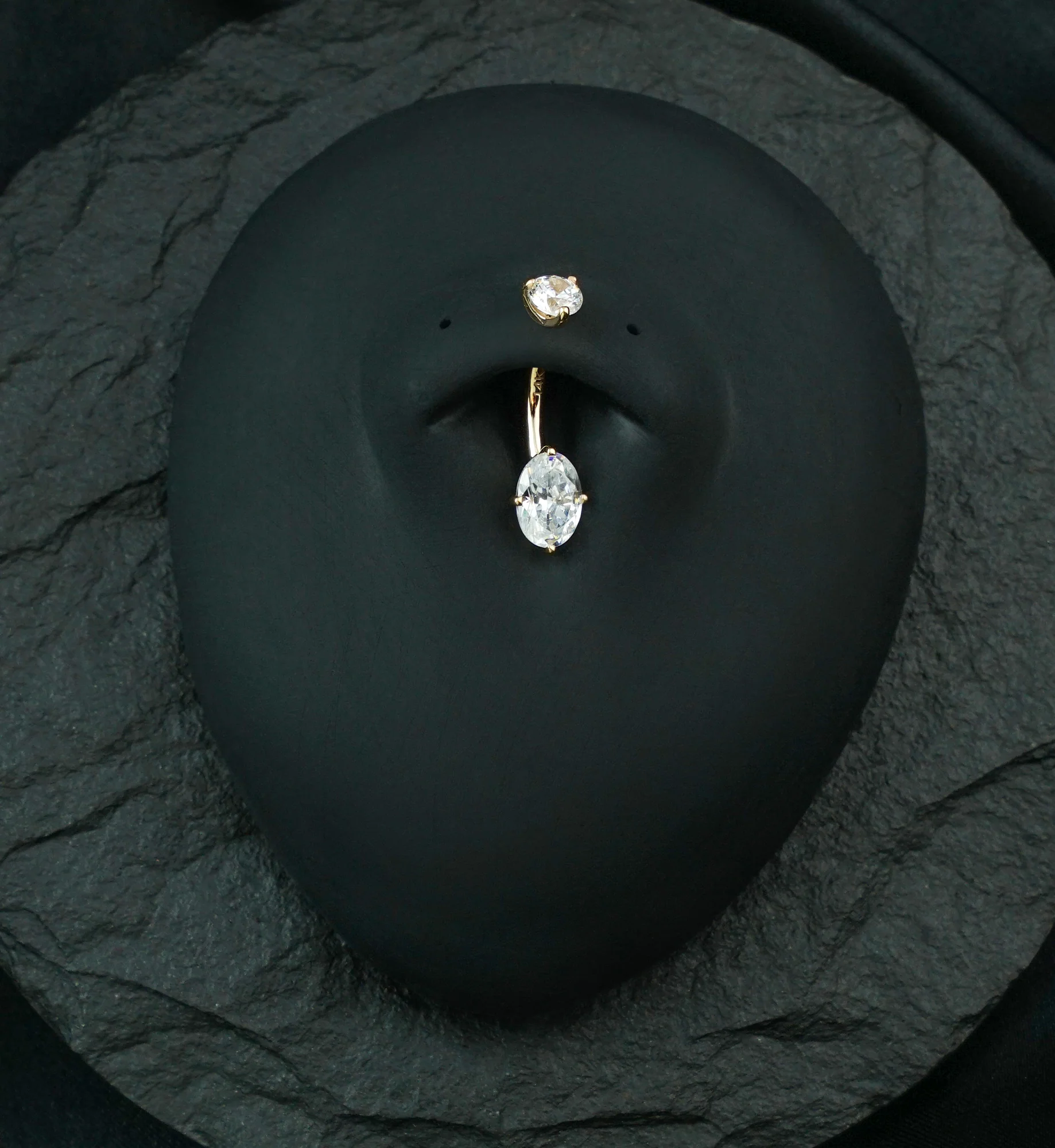 14kt Gold Prong Oval Clear CZ Belly Button Ring - Image 2