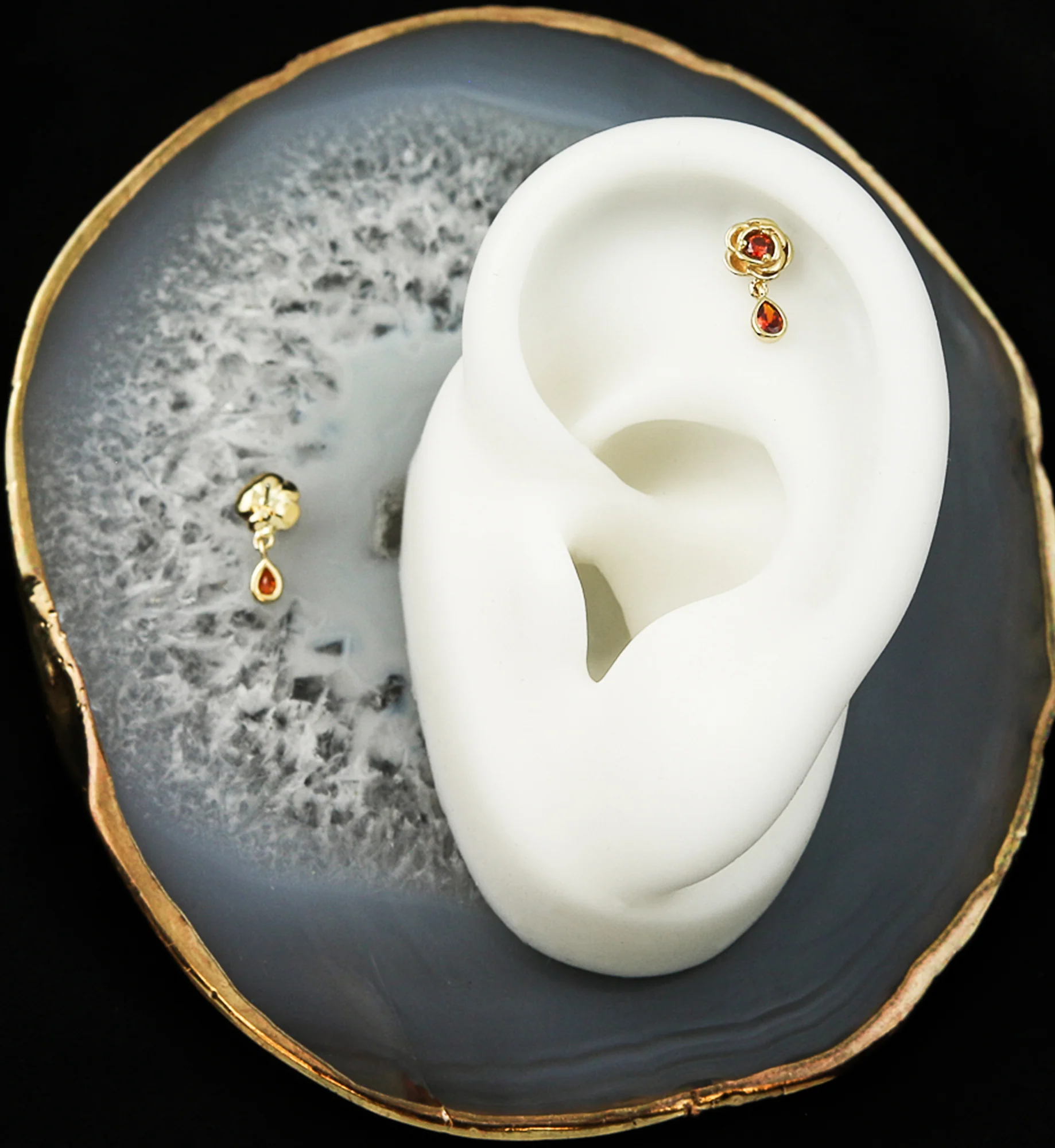 14kt Gold Rose Dangle Teardrop Red CZ Threadless Top - Image 2