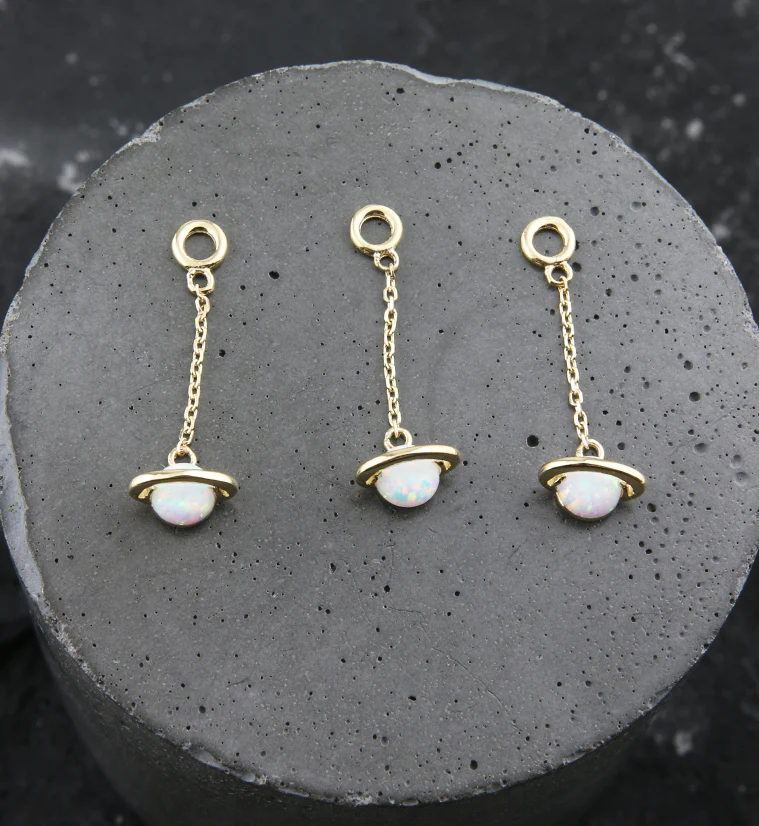 14kt Gold Saturn White Opalite Dangle Chain Charm - Image 2