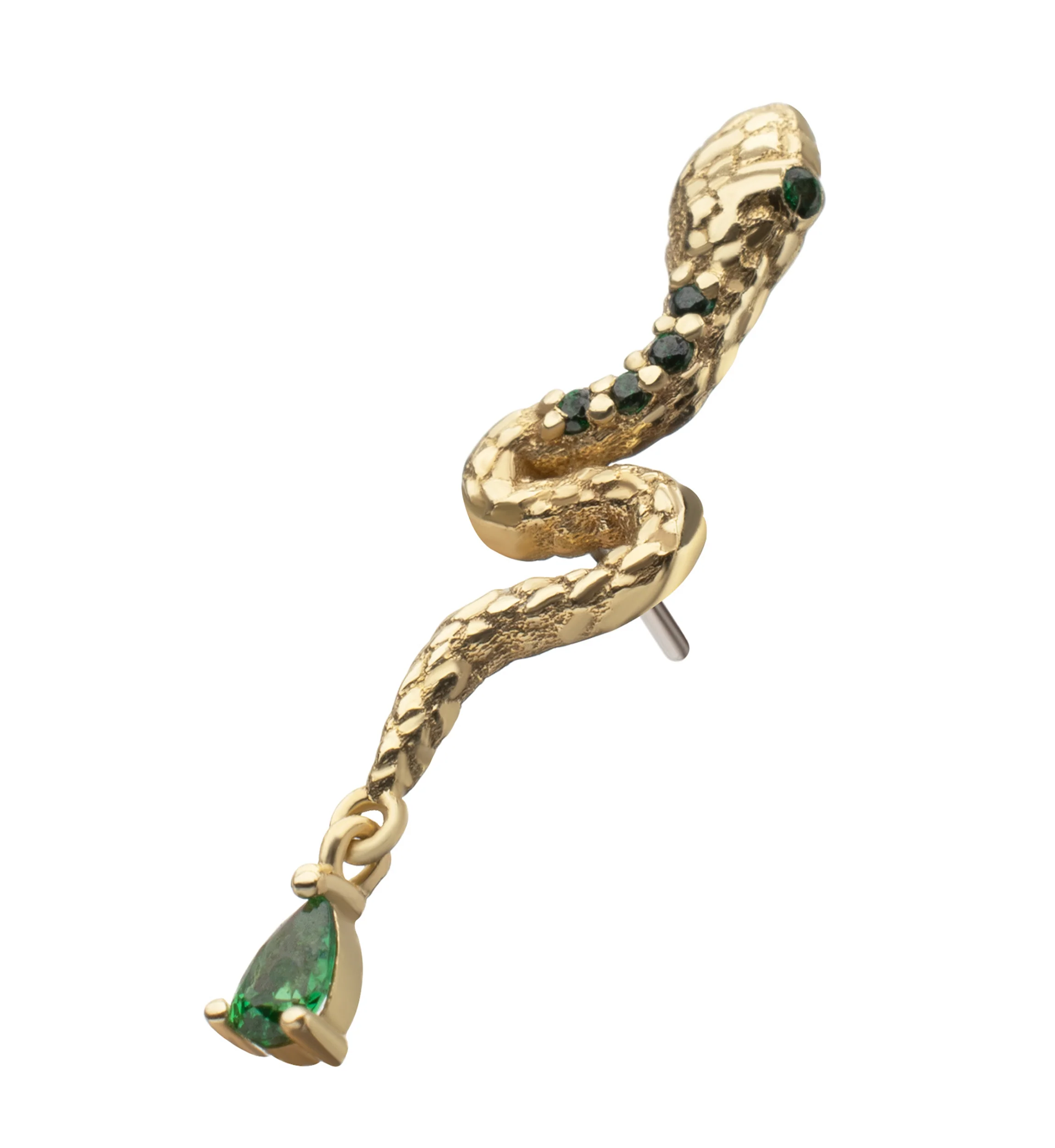 14kt Gold Scaly Snake Teardrop Dangle Emerald CZ Threadless Top - Image 3