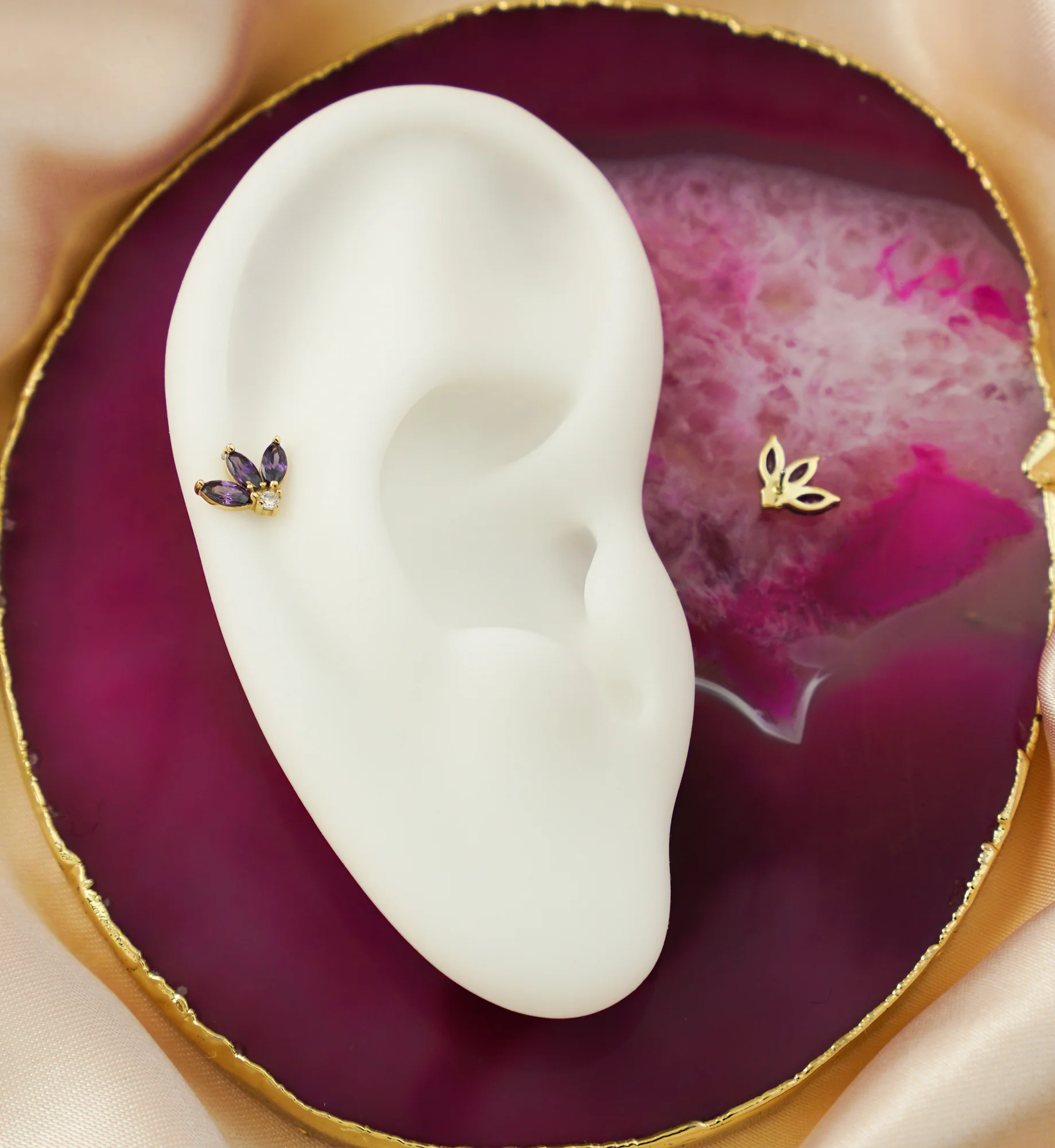 14kt Gold Sepal Purple CZ Threadless Top - Image 2