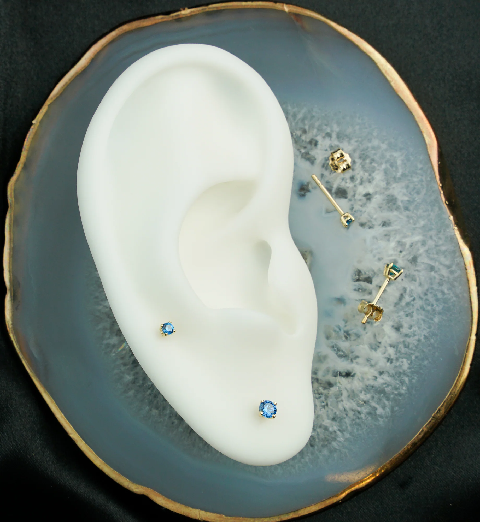 14kt Gold September Birthstone Sapphire CZ Stud Earrings - Image 2