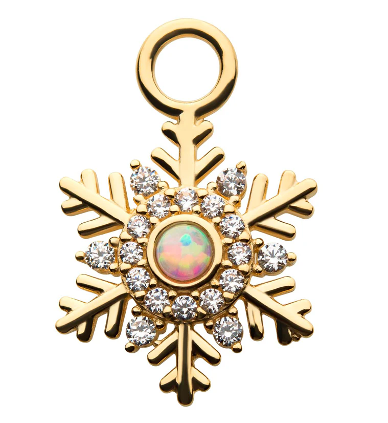 14kt Gold Snowflake White Opalite And Clear CZ Charm
