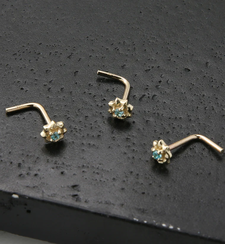 14kt Gold Sol Aqua CZ L Bend Nose Ring - Image 2