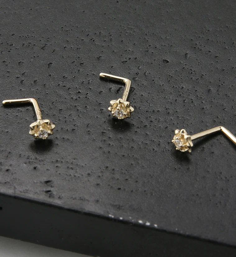 14kt Gold Sol Clear CZ L Bend Nose Ring - Image 2