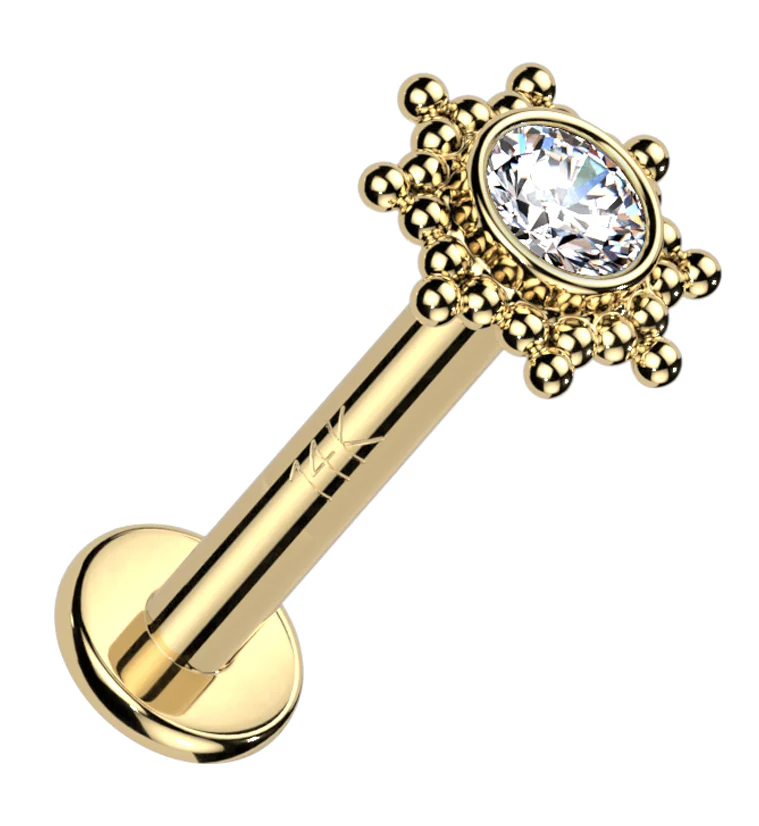 14kt Gold Solar CZ Internally Threaded Labret