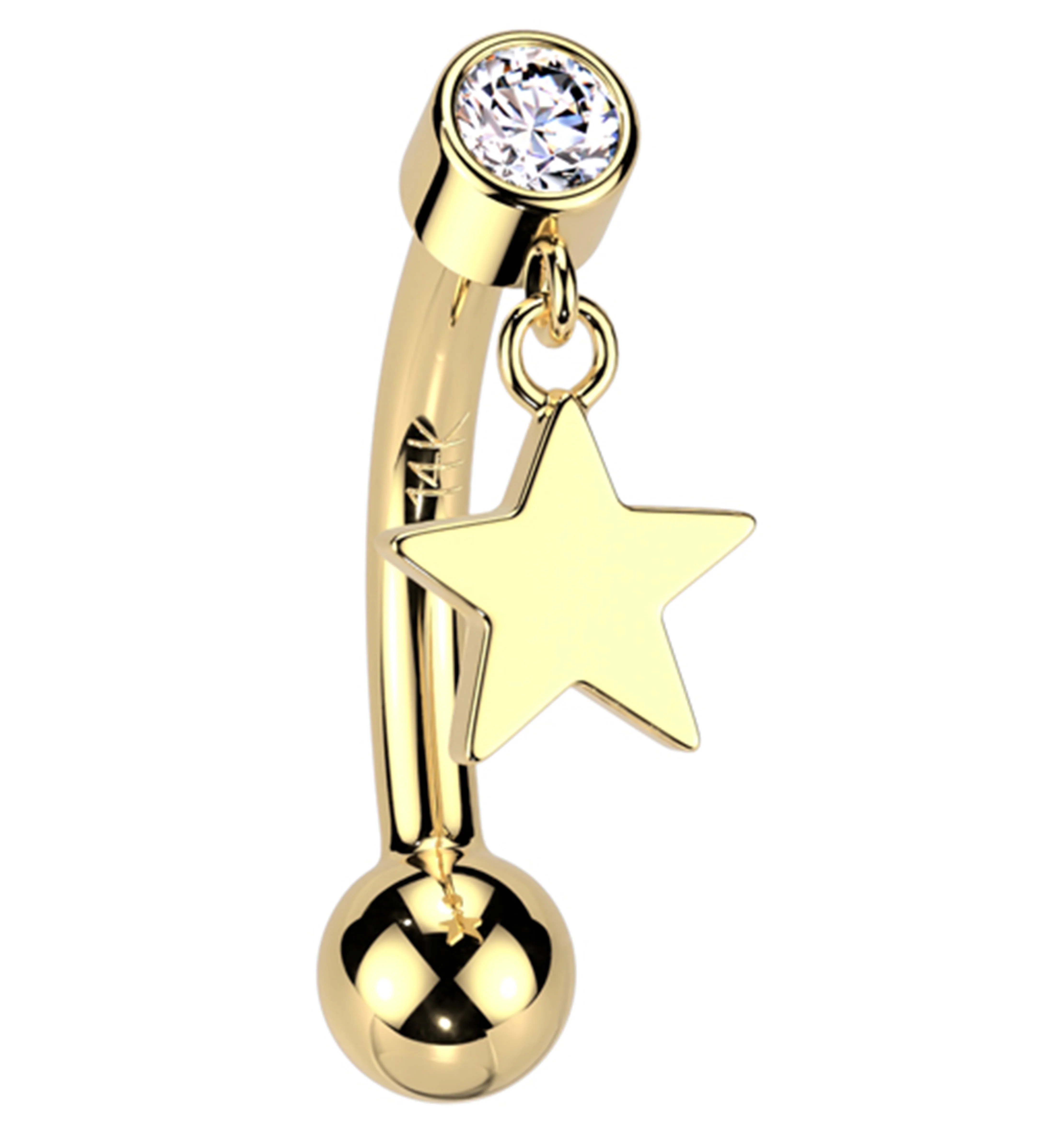 14kt Gold Star Dangle Clear CZ Threadless Curved Barbell