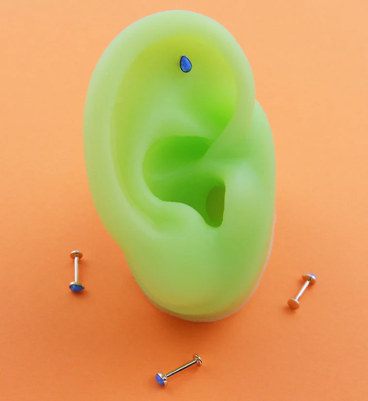 14kt Gold Teardrop Blue Opalite Threadless Labret - Image 2