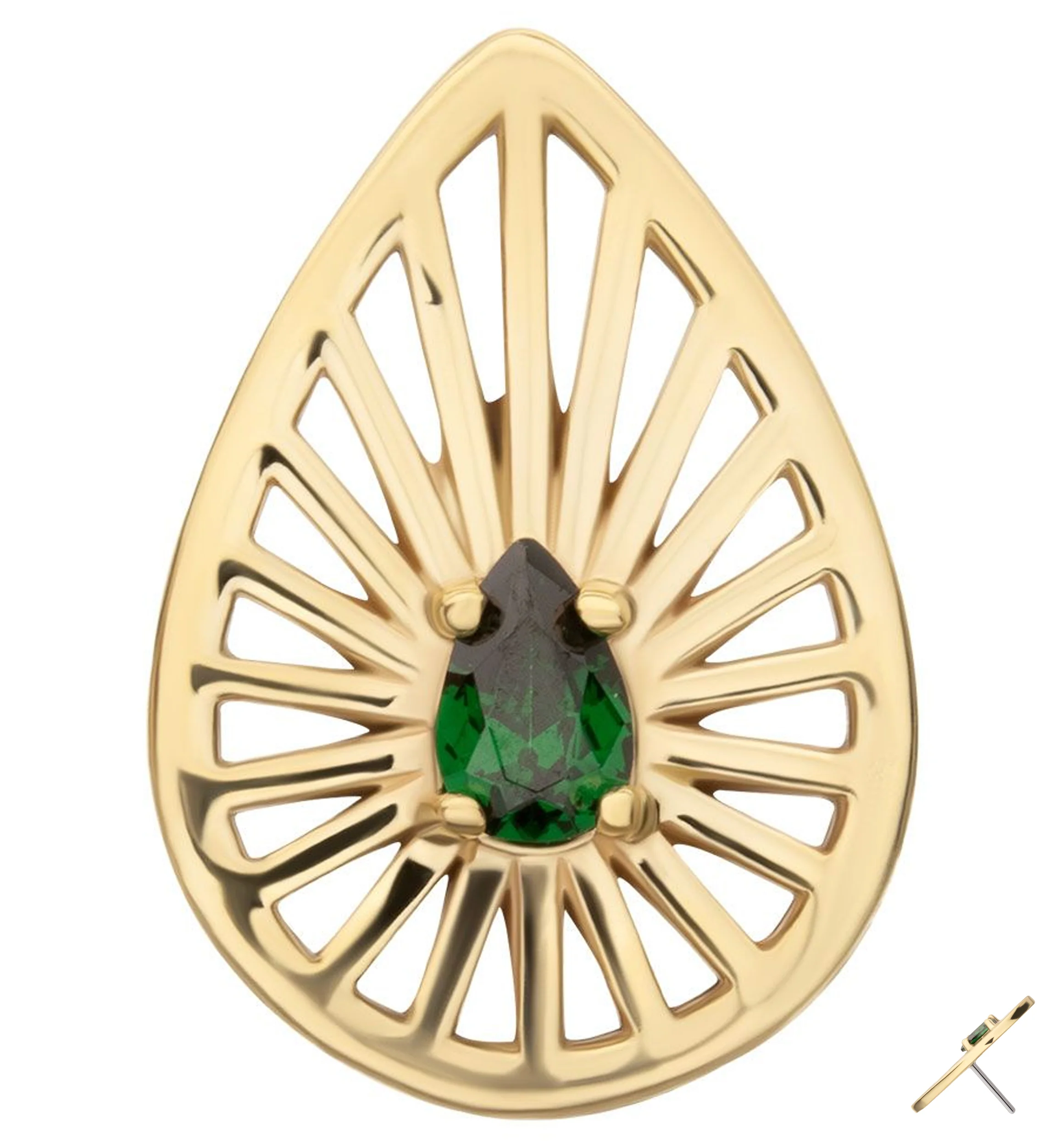 14kt Gold Empire Teardrop Emerald CZ Threadless Top