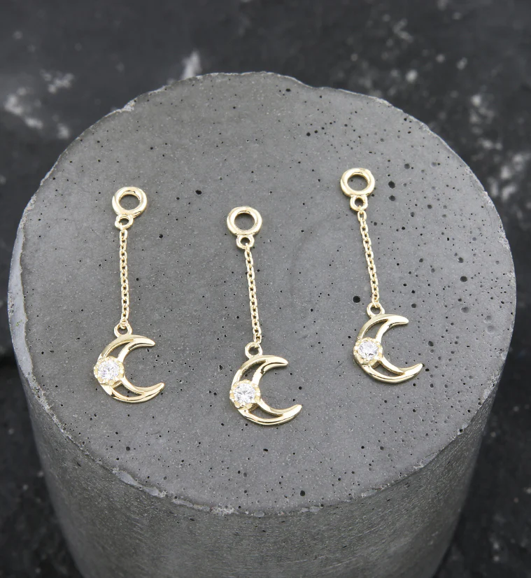14kt Gold Trace Half Moon Clear CZ Dangle Chain Charm - Image 2