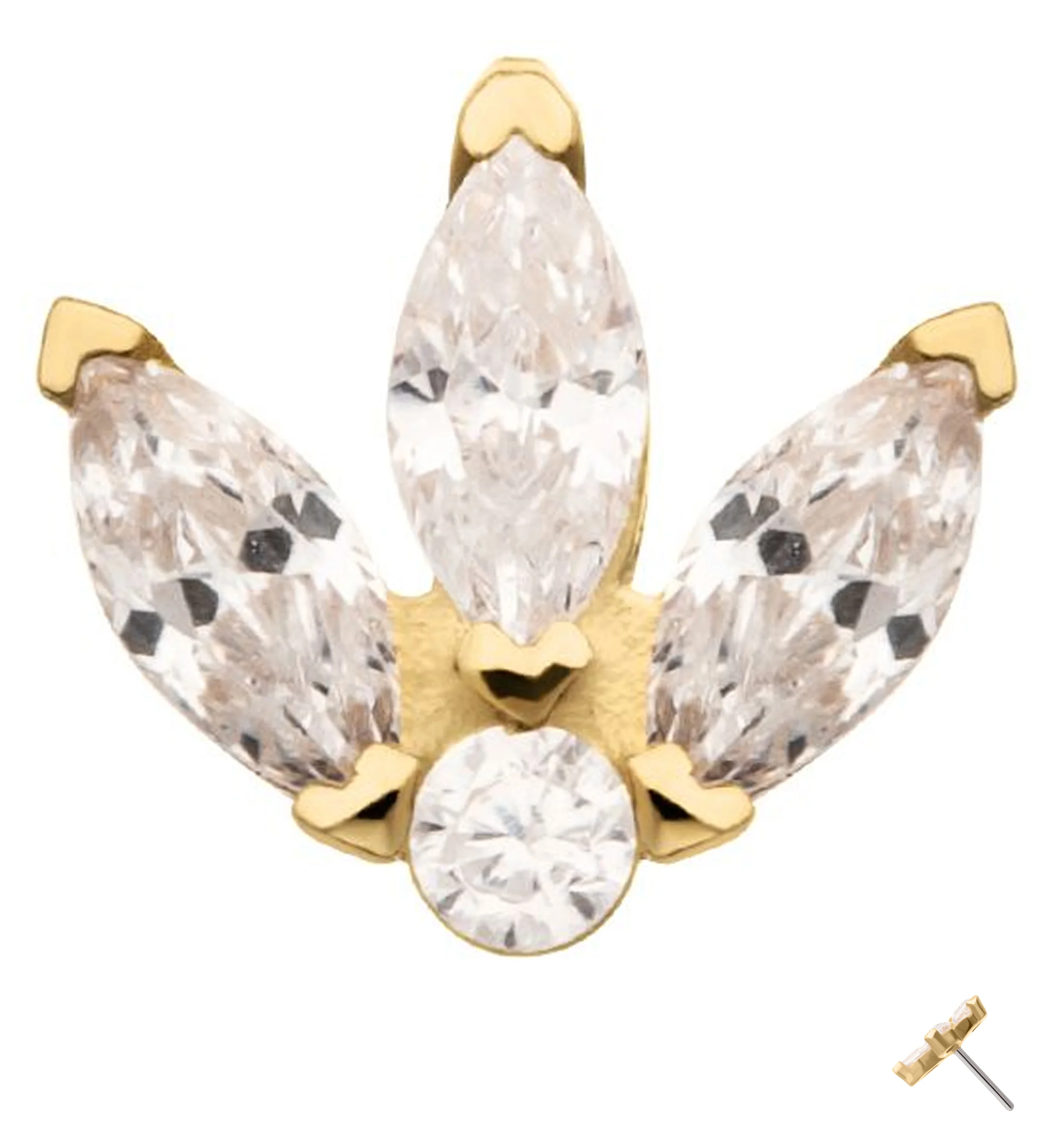 14kt Gold Tri Sepal Clear CZ Threadless Top