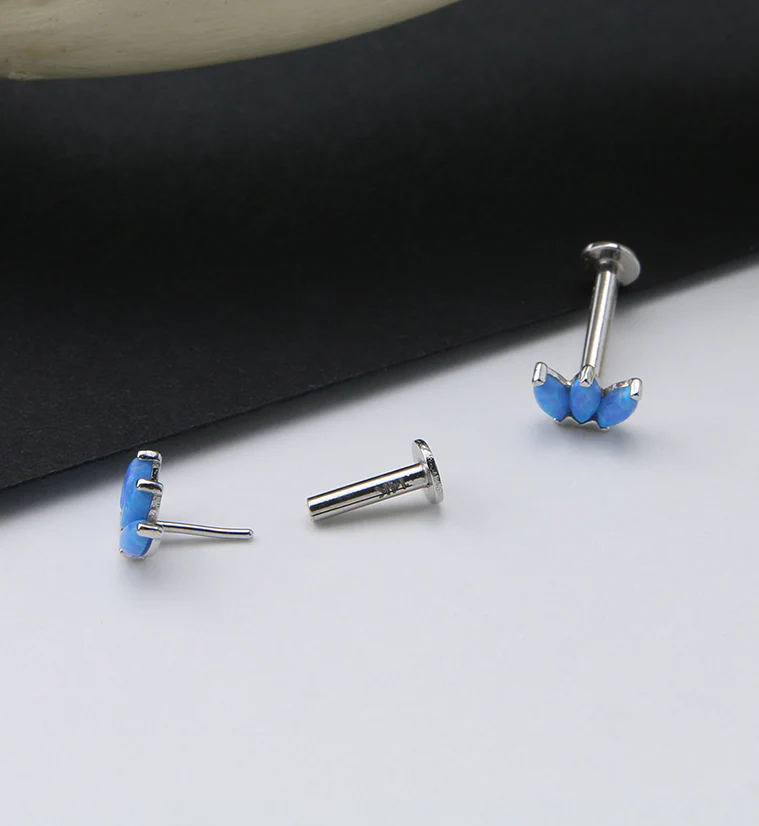 14kt White Gold Empress Triple Blue Opalite Threadless Labret - Image 2
