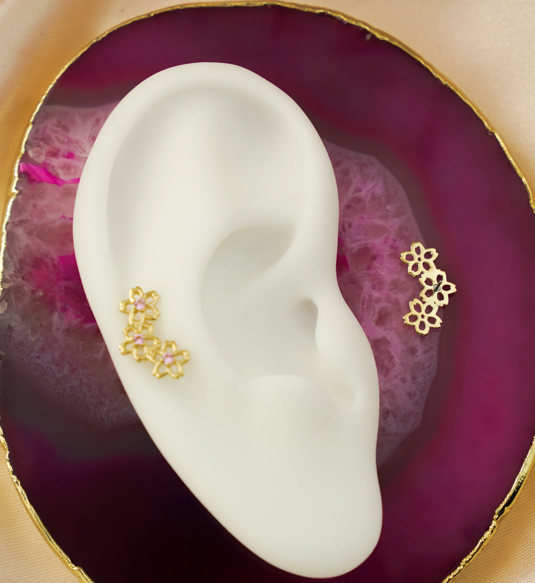 14kt Gold Triple Floral Blossom Pink CZ Threadless Top - Image 2