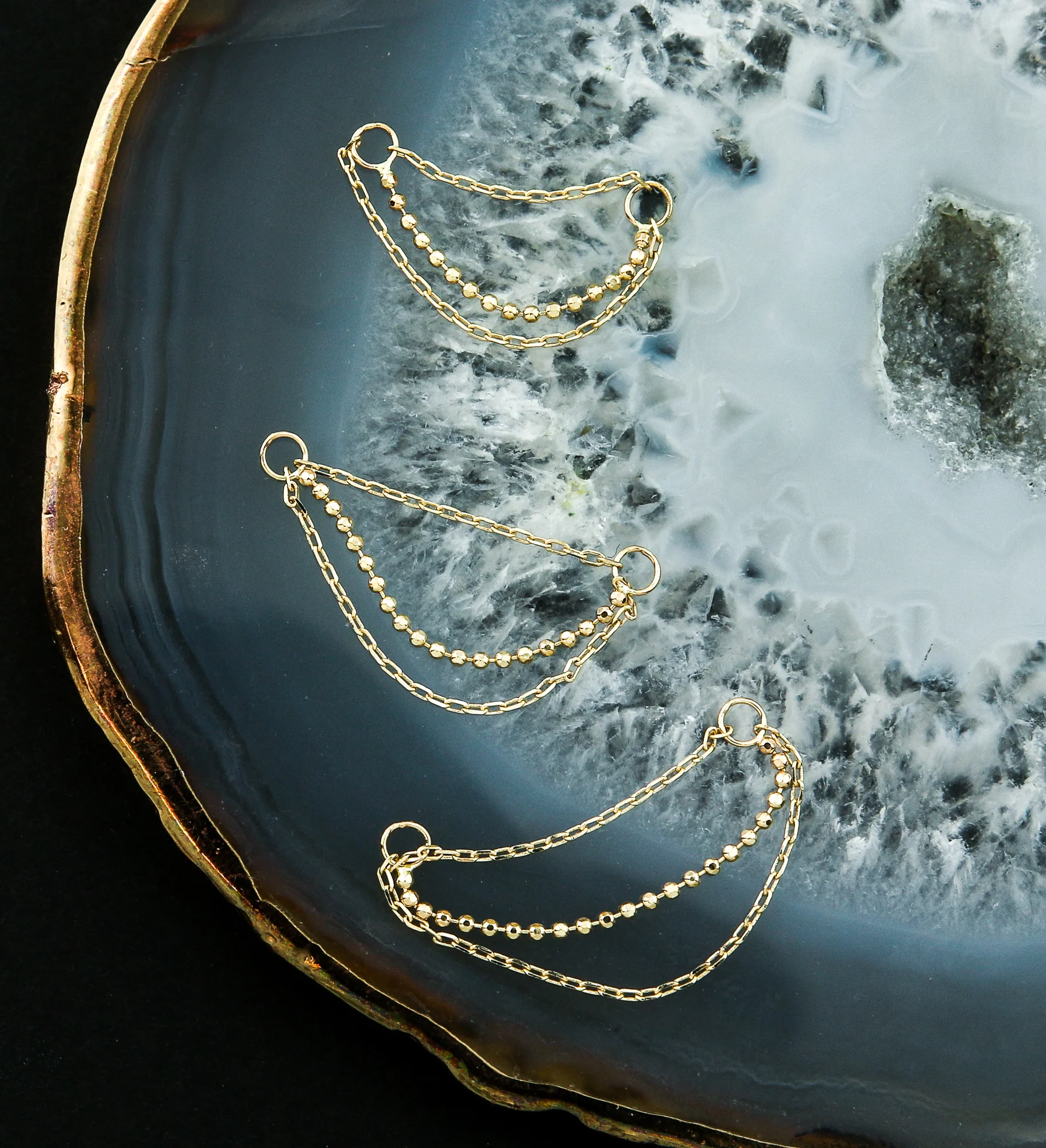14kt Gold Triple Link And Bead Nose & Cartilage Piercing Chain - Image 2