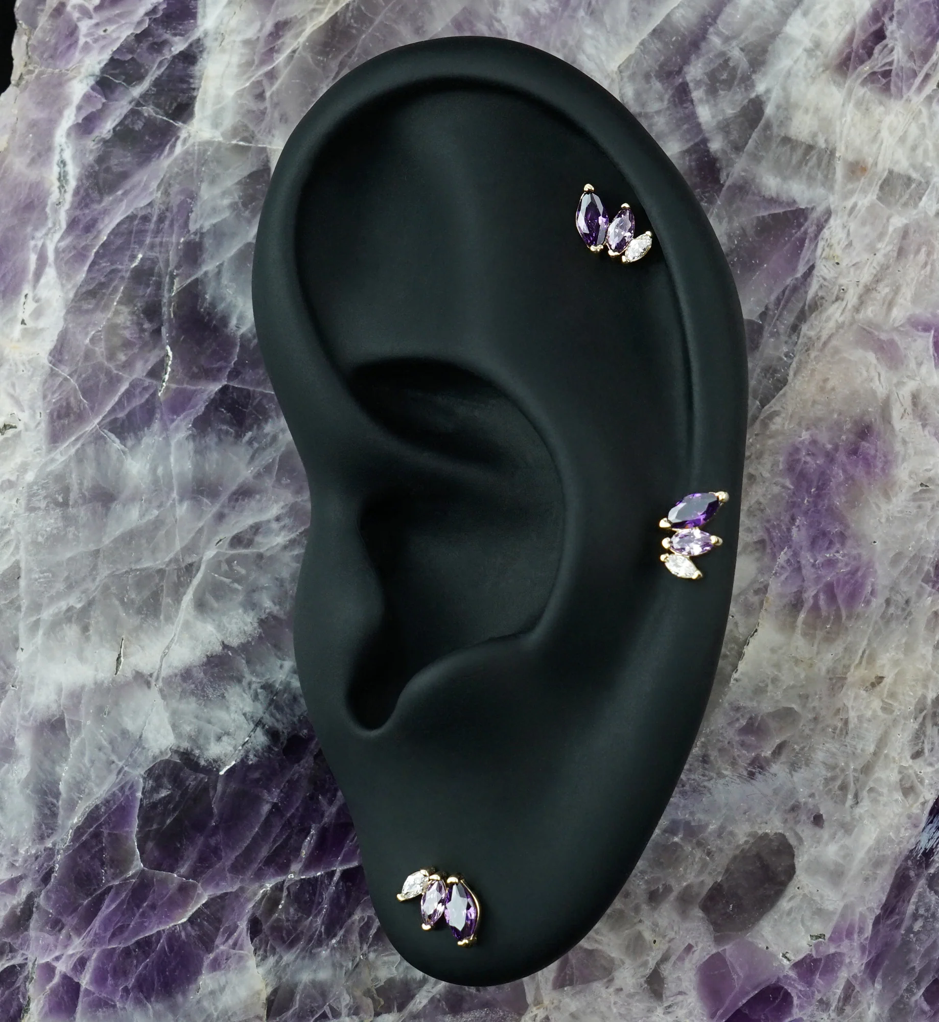 14kt Gold Triple Marquise Amethyst CZ Threadless Top - Image 2